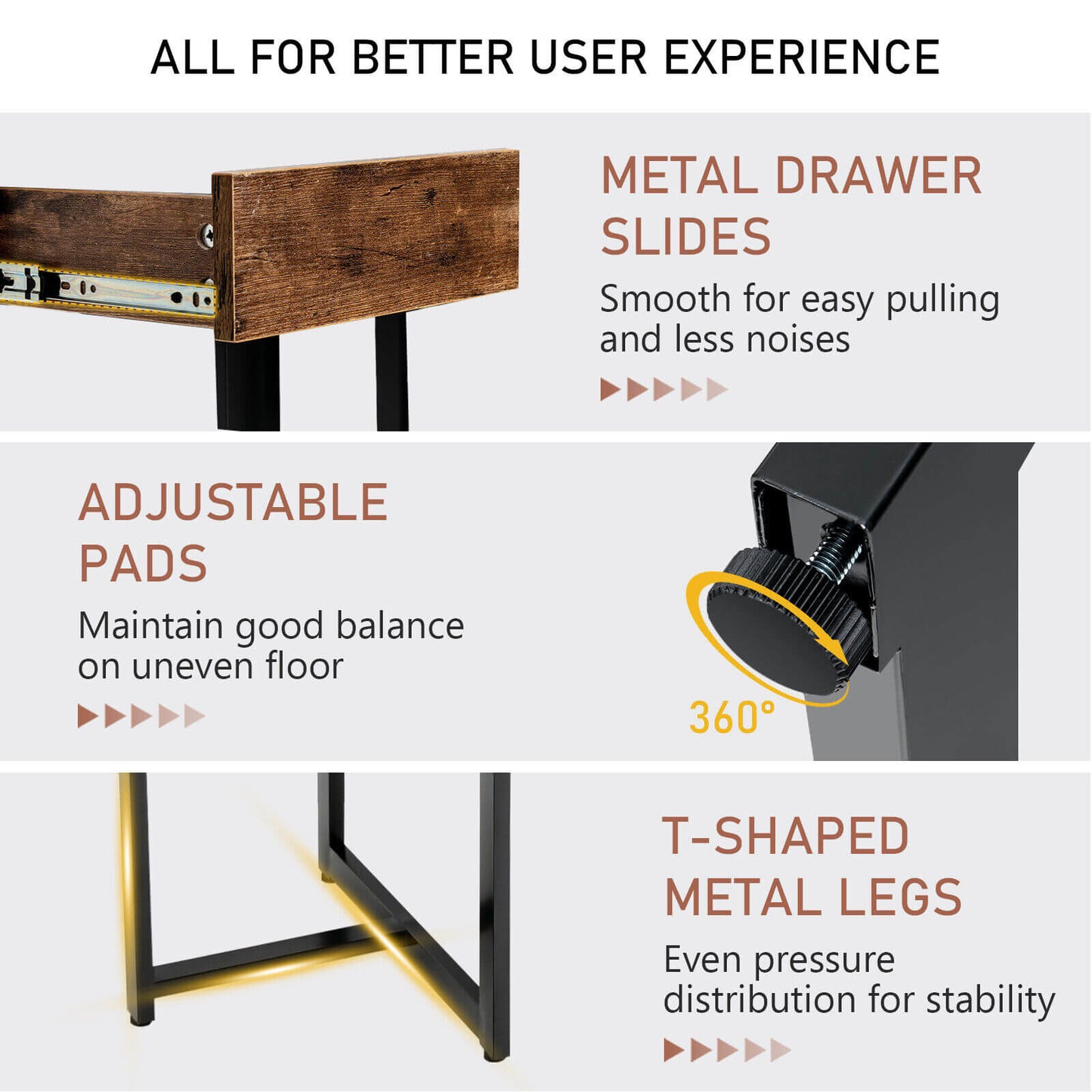 48 Inch Computer Desk with Metal Frame and Adjustable Pads-Brown Kids Crystal