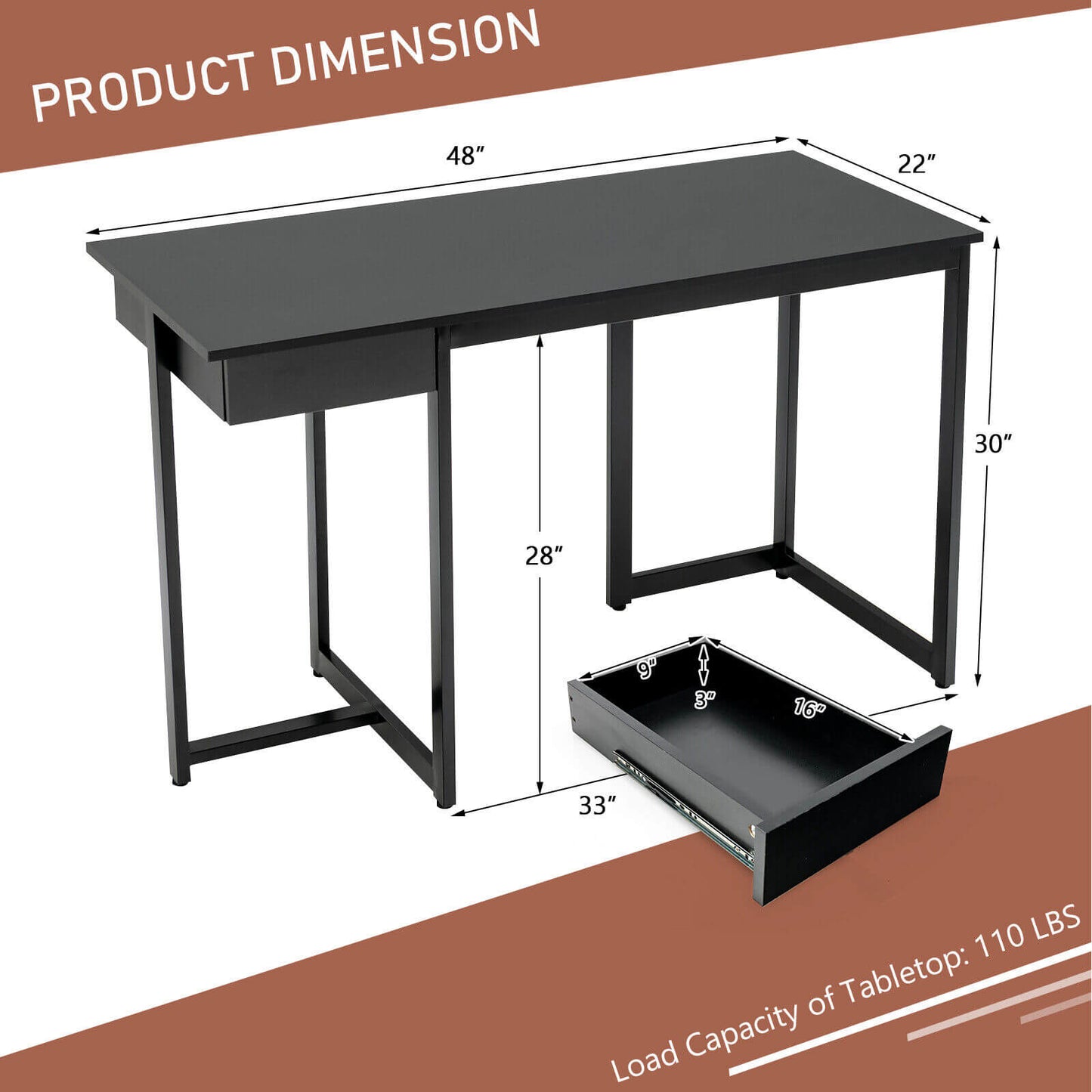 48 Inch Computer Desk with Metal Frame and Adjustable Pads-Black Kids Crystal