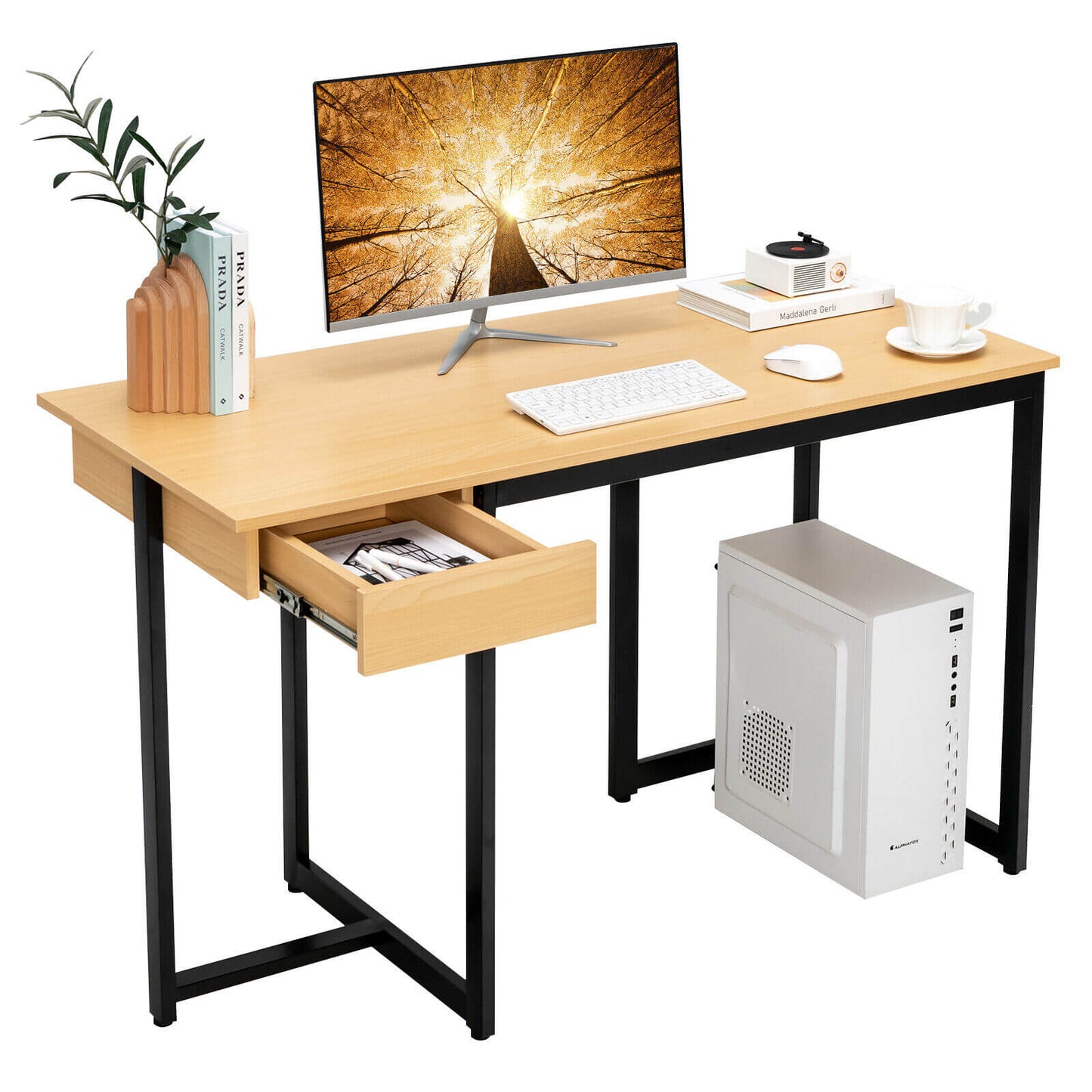 48 Inch Computer Desk with Metal Frame and Adjustable Pads-Natural Kids Crystal