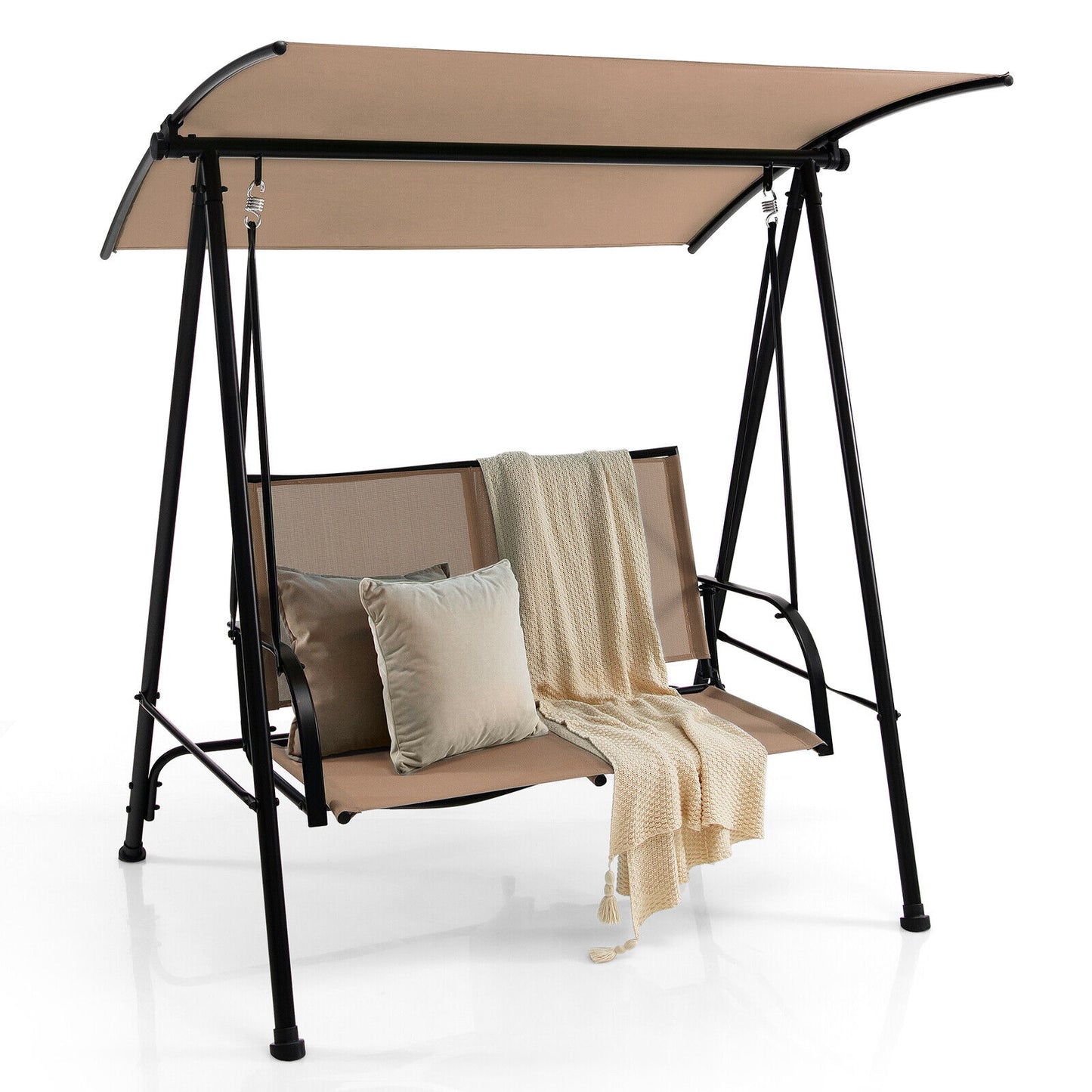 2-Seat Outdoor Canopy Swing with Comfortable Fabric Seat and Heavy-duty Metal Frame-Beige Kids Crystal