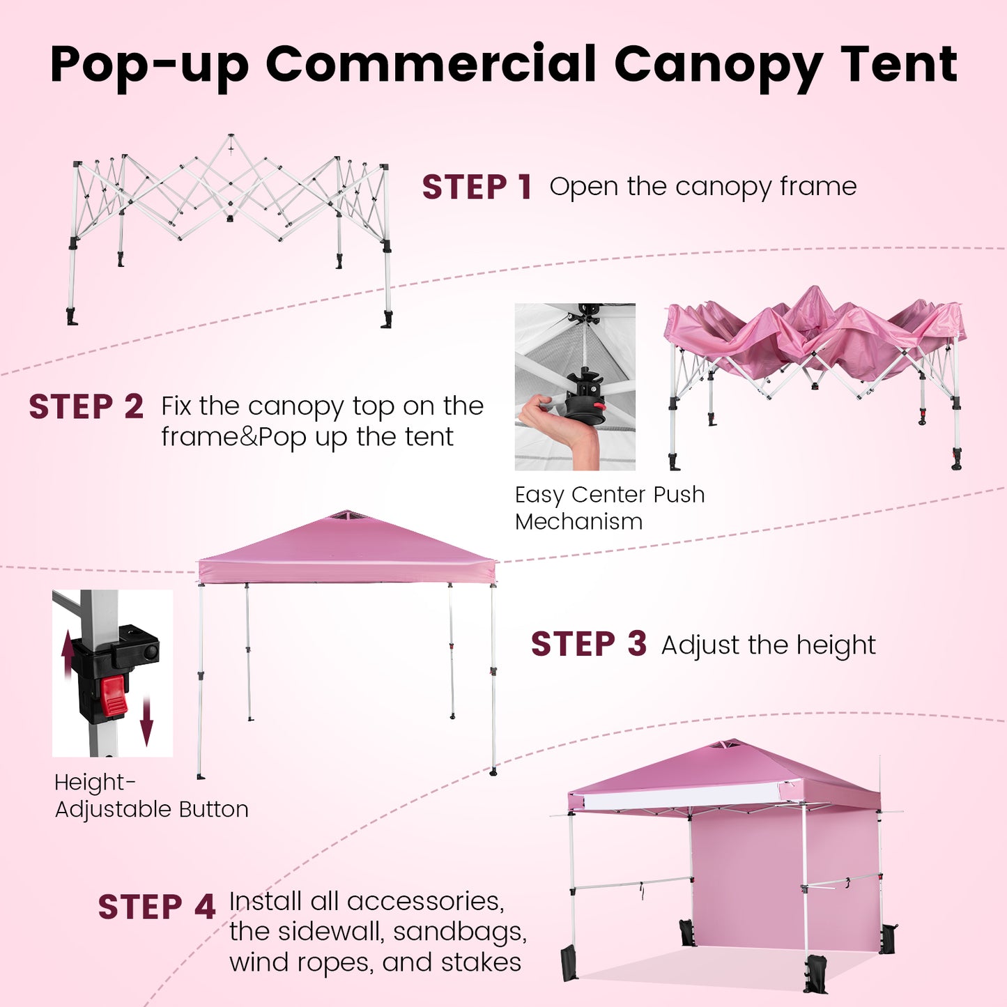10 x 10 Feet Foldable Commercial Pop-up Canopy with Roller Bag and Banner Strip-Pink Kids Crystal