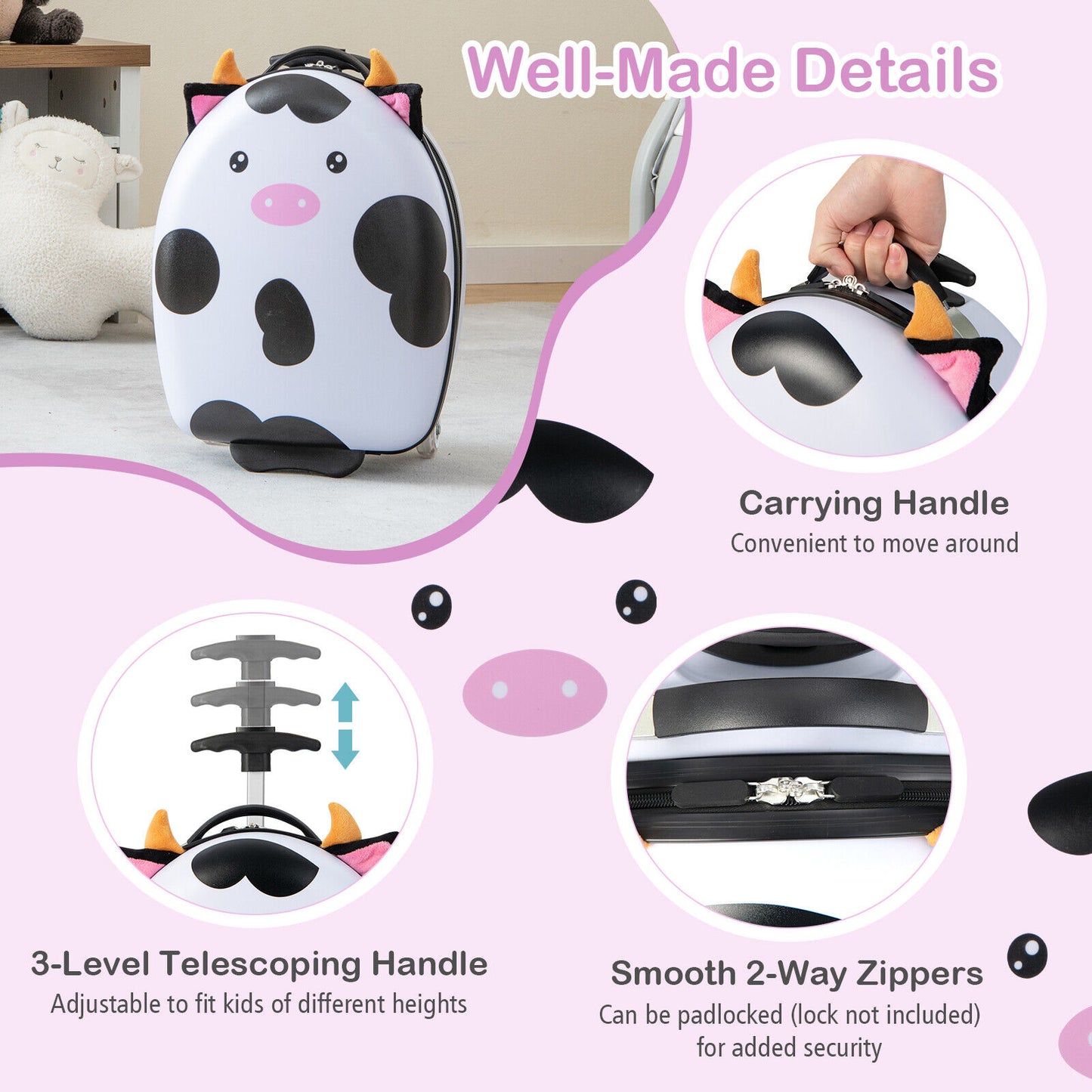 16 Inch Kids Rolling Luggage with 2 Flashing Wheels and Telescoping Handle-Black & White Kids Crystal