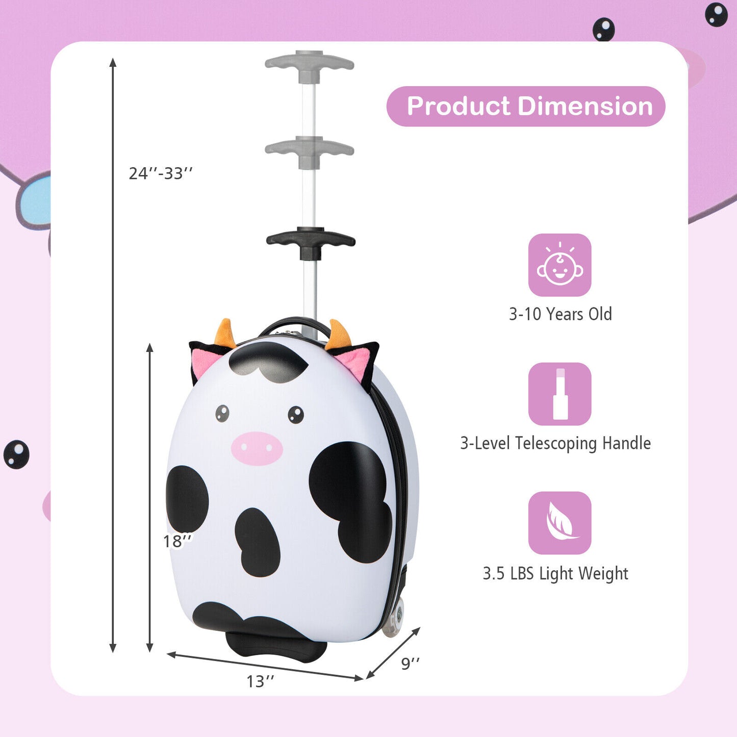 16 Inch Kids Rolling Luggage with 2 Flashing Wheels and Telescoping Handle-Black & White Kids Crystal