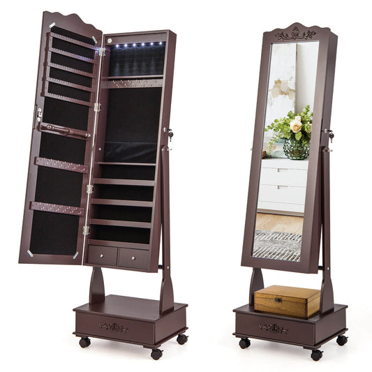 Rolling Floor Standing Mirrored Jewelry Armoire with Lock and Drawers-Brown Kids Crystal