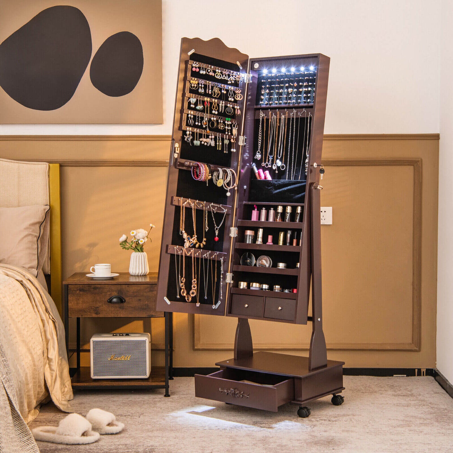 Rolling Floor Standing Mirrored Jewelry Armoire with Lock and Drawers-Brown Kids Crystal