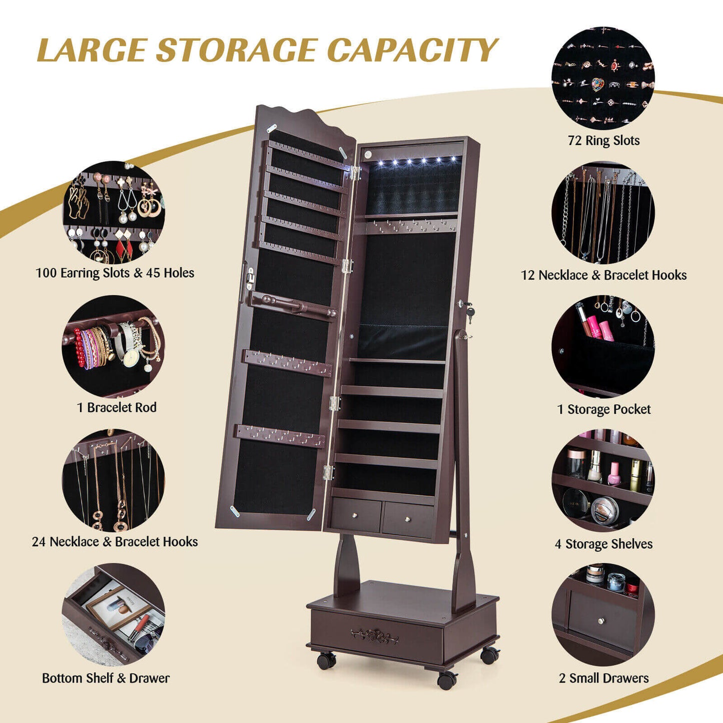 Rolling Floor Standing Mirrored Jewelry Armoire with Lock and Drawers-Brown Kids Crystal