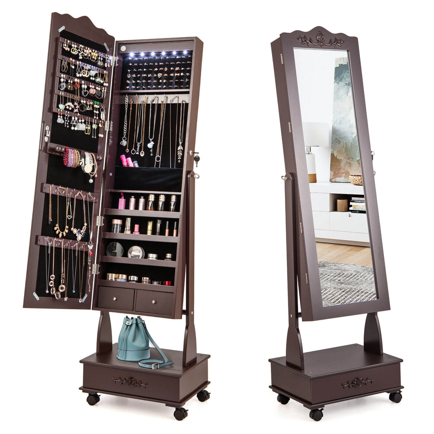 Rolling Floor Standing Mirrored Jewelry Armoire with Lock and Drawers-Brown Kids Crystal