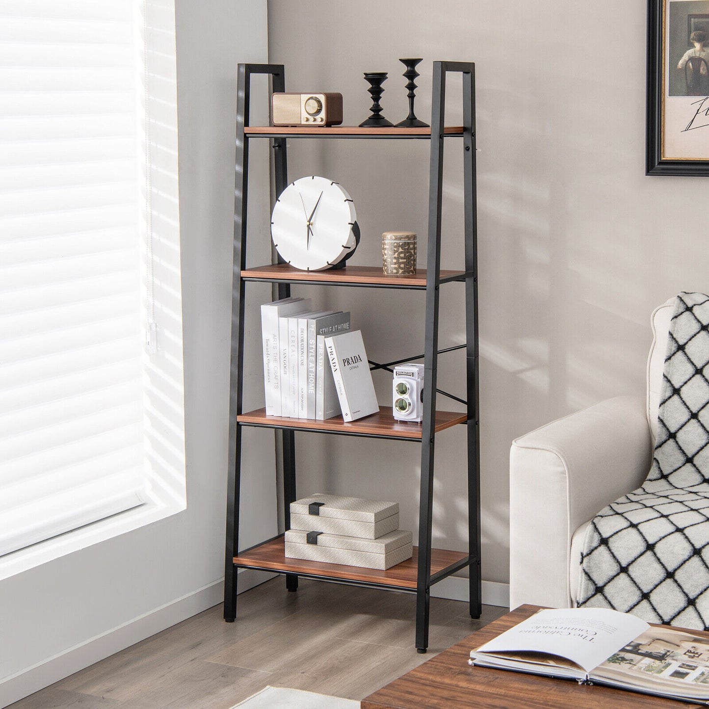 4-Tier Freestanding Open Bookshelf with Metal Frame and Anti-toppling Device-Rustic Brown Kids Crystal