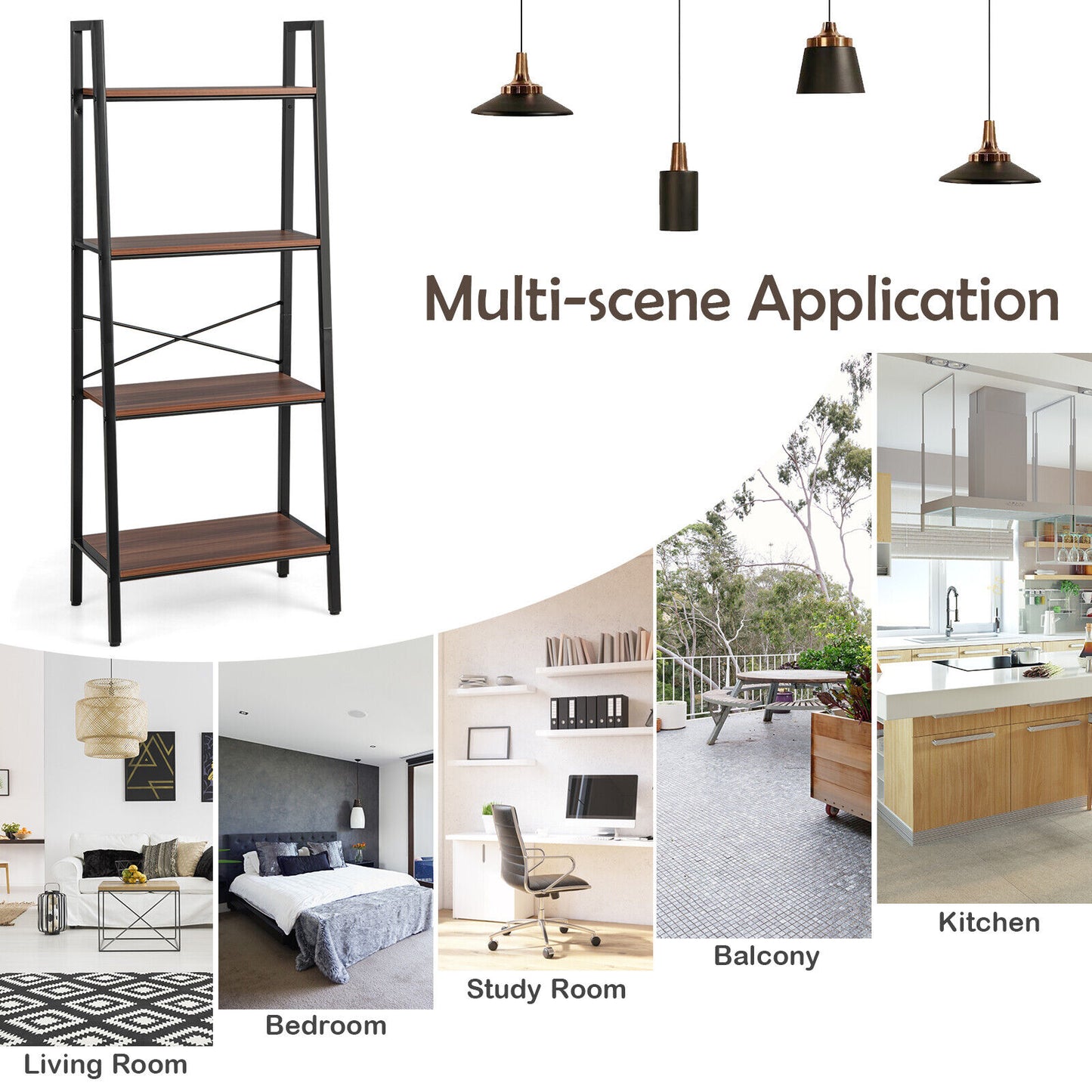 4-Tier Freestanding Open Bookshelf with Metal Frame and Anti-toppling Device-Rustic Brown Kids Crystal