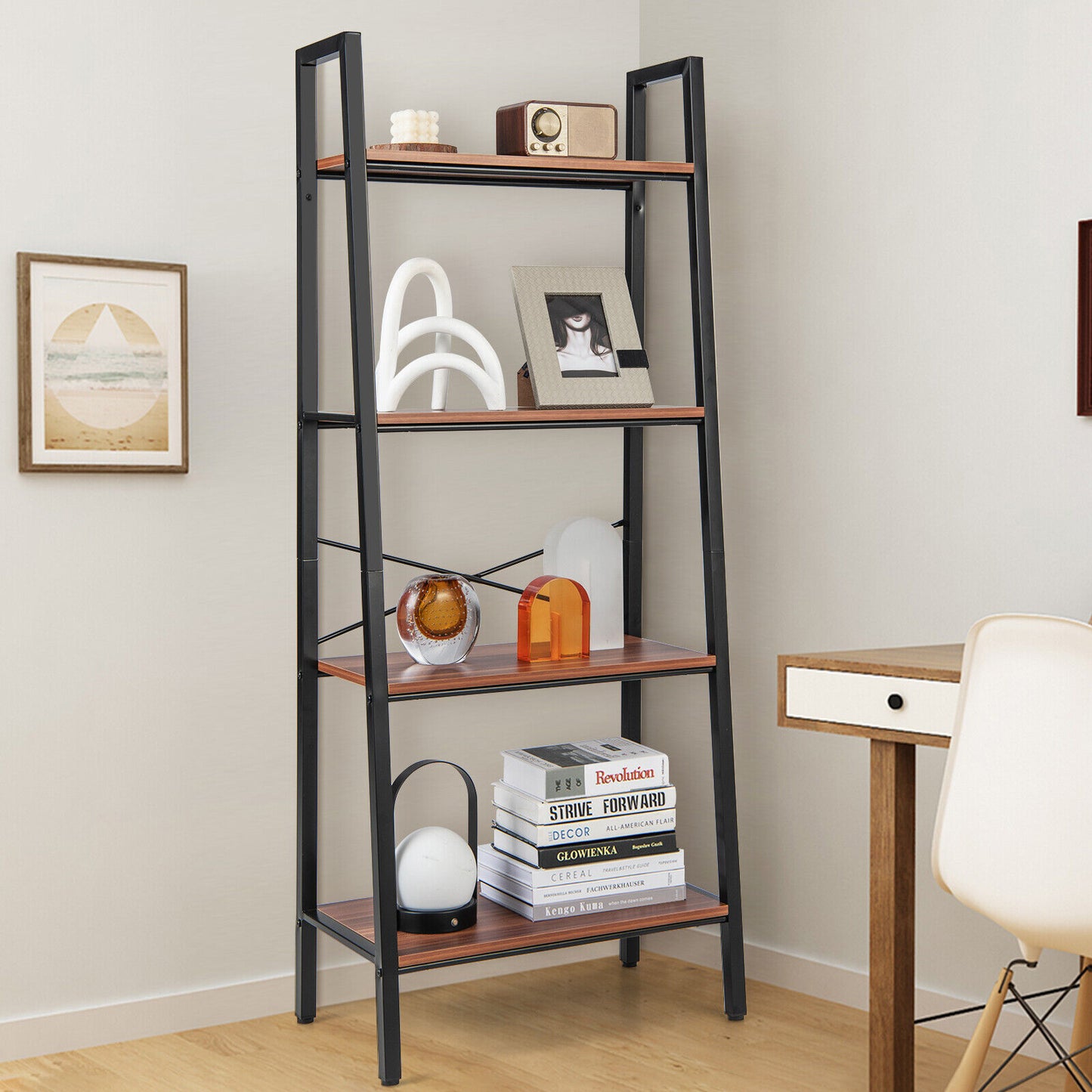 4-Tier Freestanding Open Bookshelf with Metal Frame and Anti-toppling Device-Rustic Brown Kids Crystal