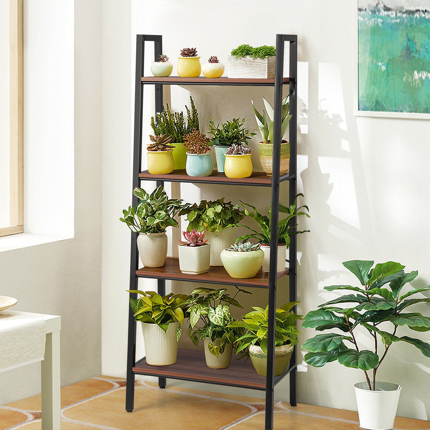 4-Tier Freestanding Open Bookshelf with Metal Frame and Anti-toppling Device-Rustic Brown Kids Crystal