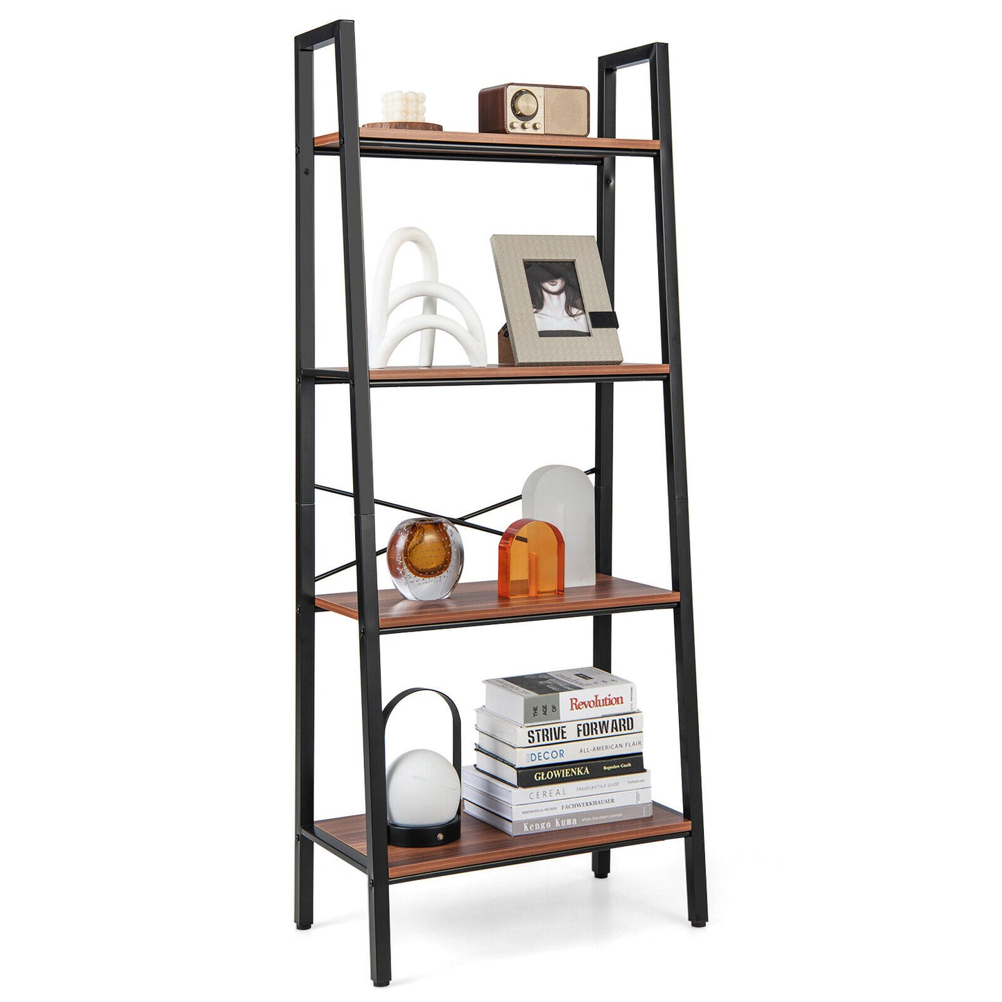 4-Tier Freestanding Open Bookshelf with Metal Frame and Anti-toppling Device-Rustic Brown Kids Crystal