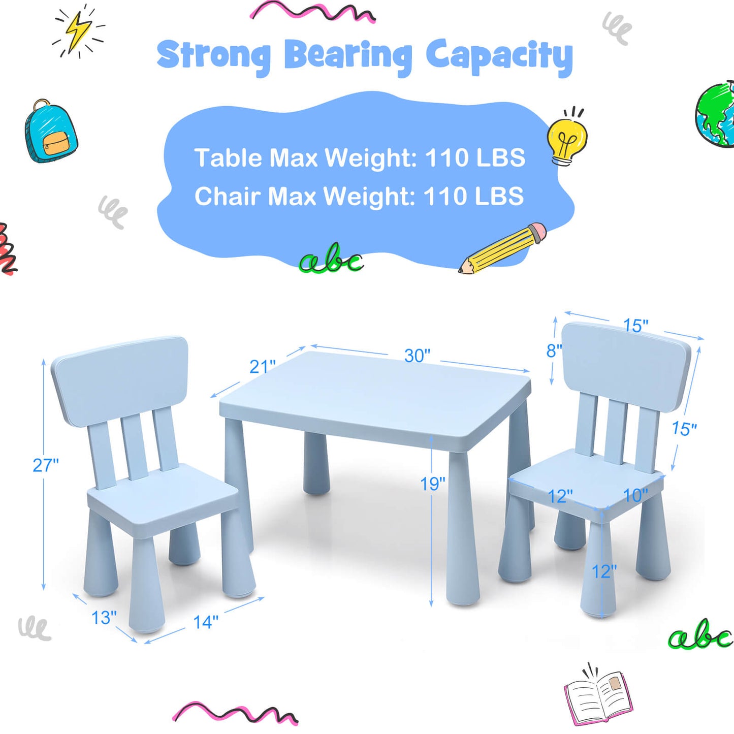 3 Pieces Toddler Multi Activity Play Dining Study Kids Table and Chair Set-Blue Kids Crystal