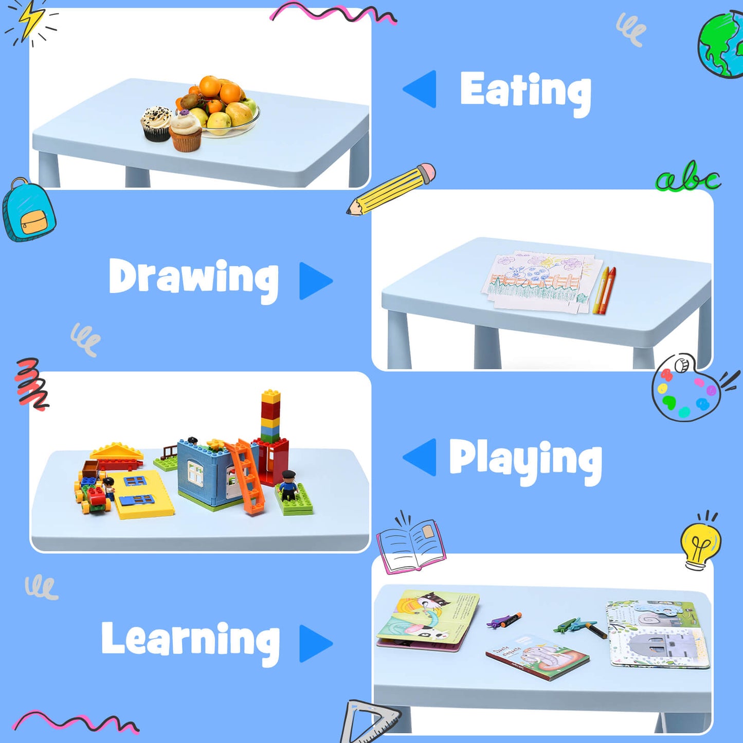 3 Pieces Toddler Multi Activity Play Dining Study Kids Table and Chair Set-Blue Kids Crystal