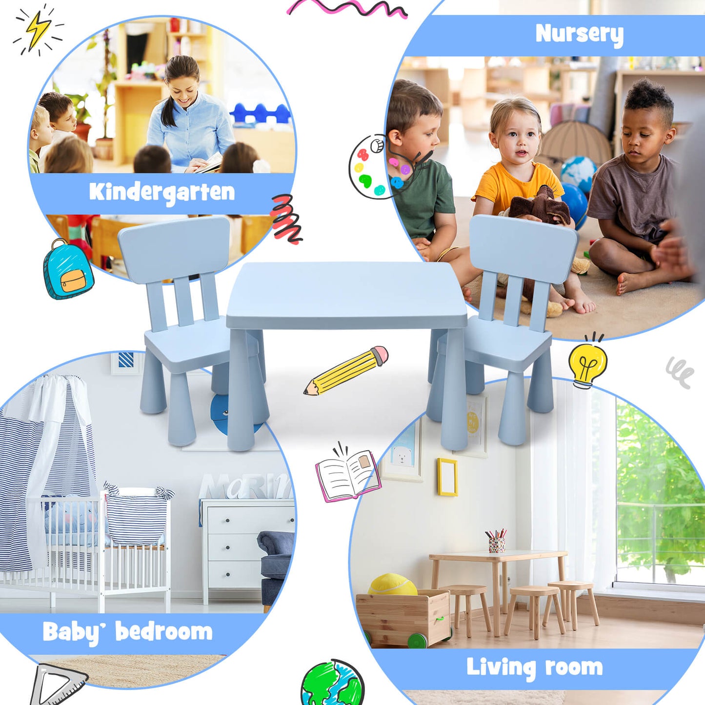 3 Pieces Toddler Multi Activity Play Dining Study Kids Table and Chair Set-Blue Kids Crystal