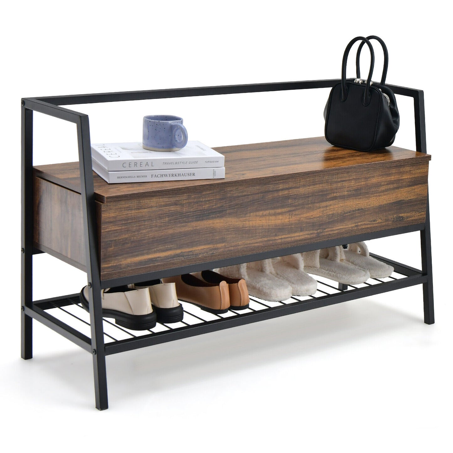 Industrial Shoe Bench with Storage Space and Metal Handrail-Rustic Brown Kids Crystal