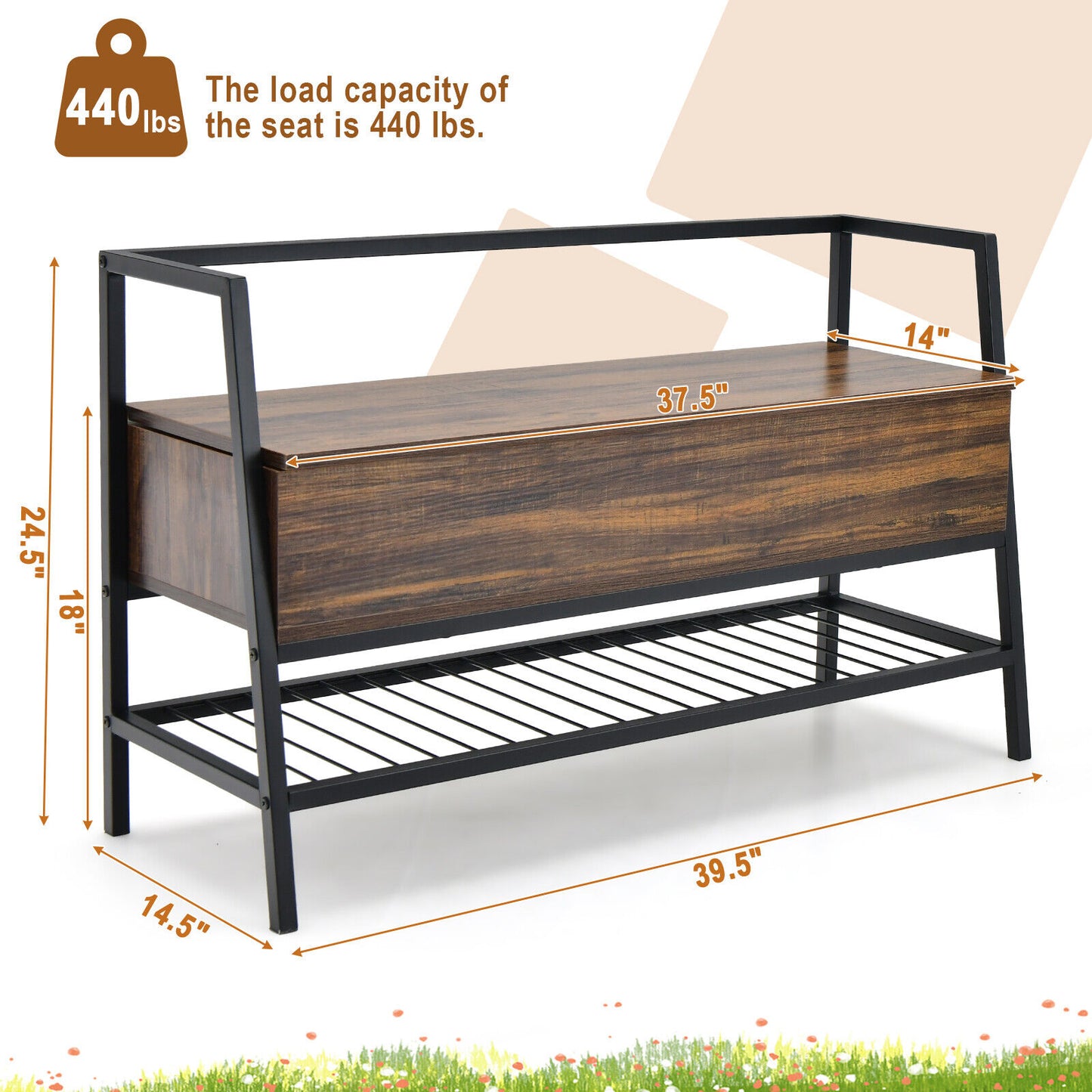 Industrial Shoe Bench with Storage Space and Metal Handrail-Rustic Brown Kids Crystal