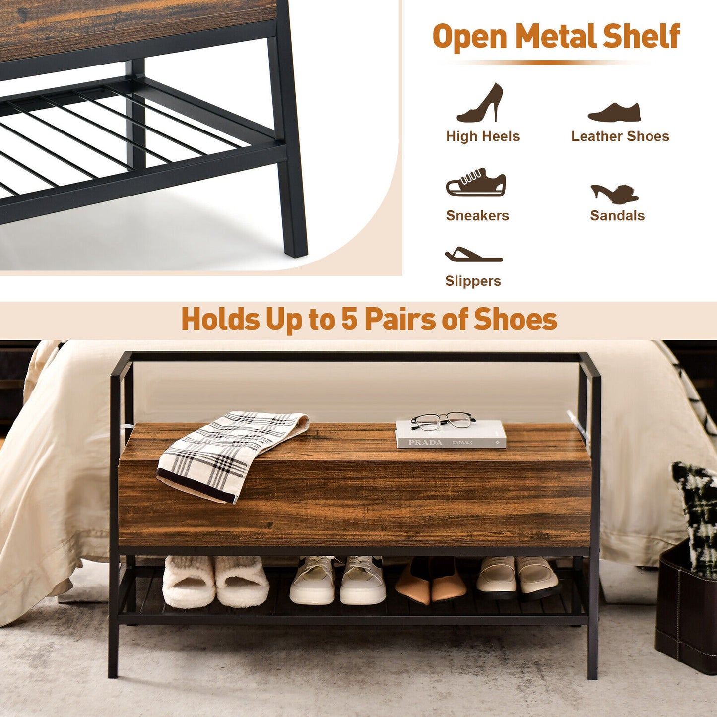 Industrial Shoe Bench with Storage Space and Metal Handrail-Rustic Brown Kids Crystal