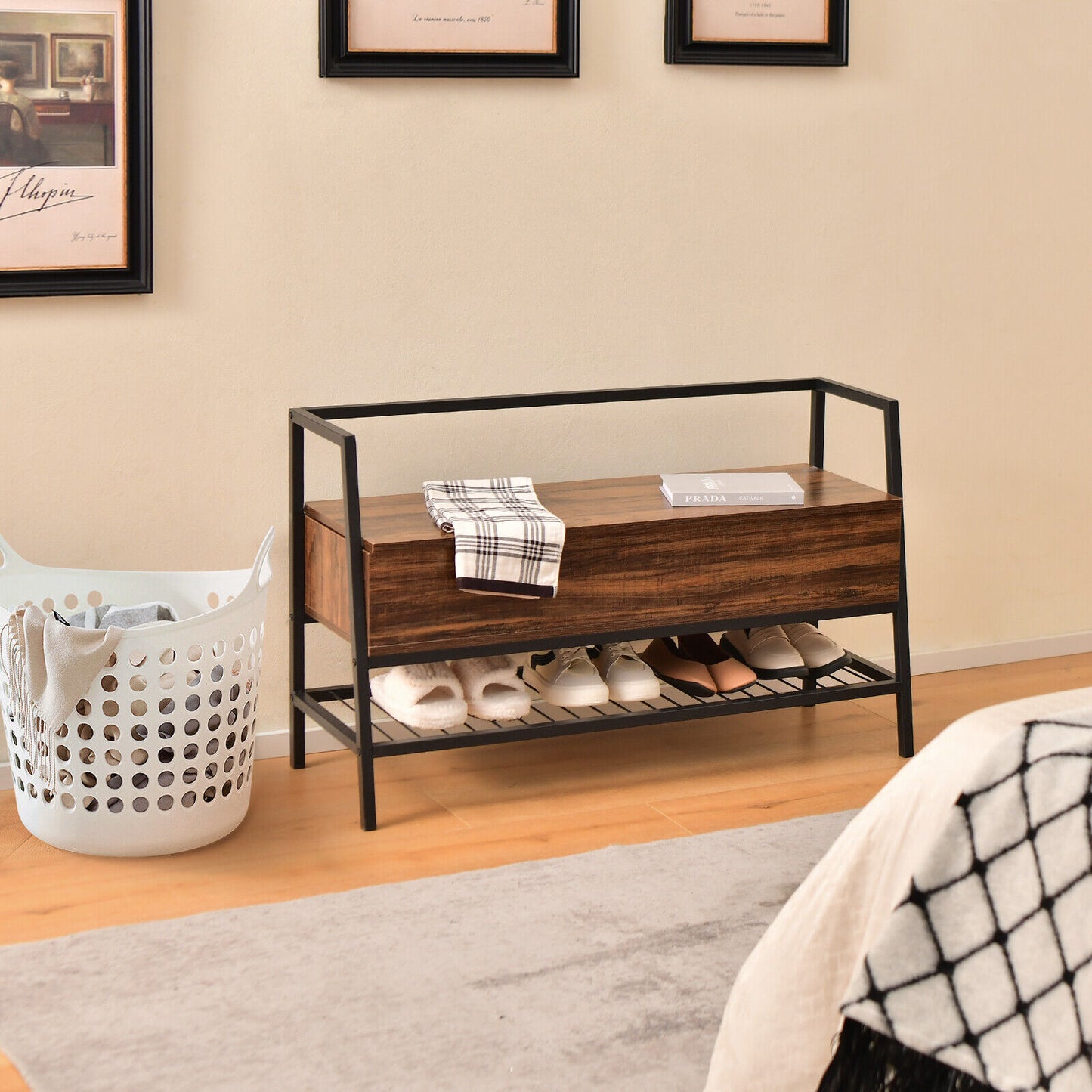 Industrial Shoe Bench with Storage Space and Metal Handrail-Rustic Brown Kids Crystal