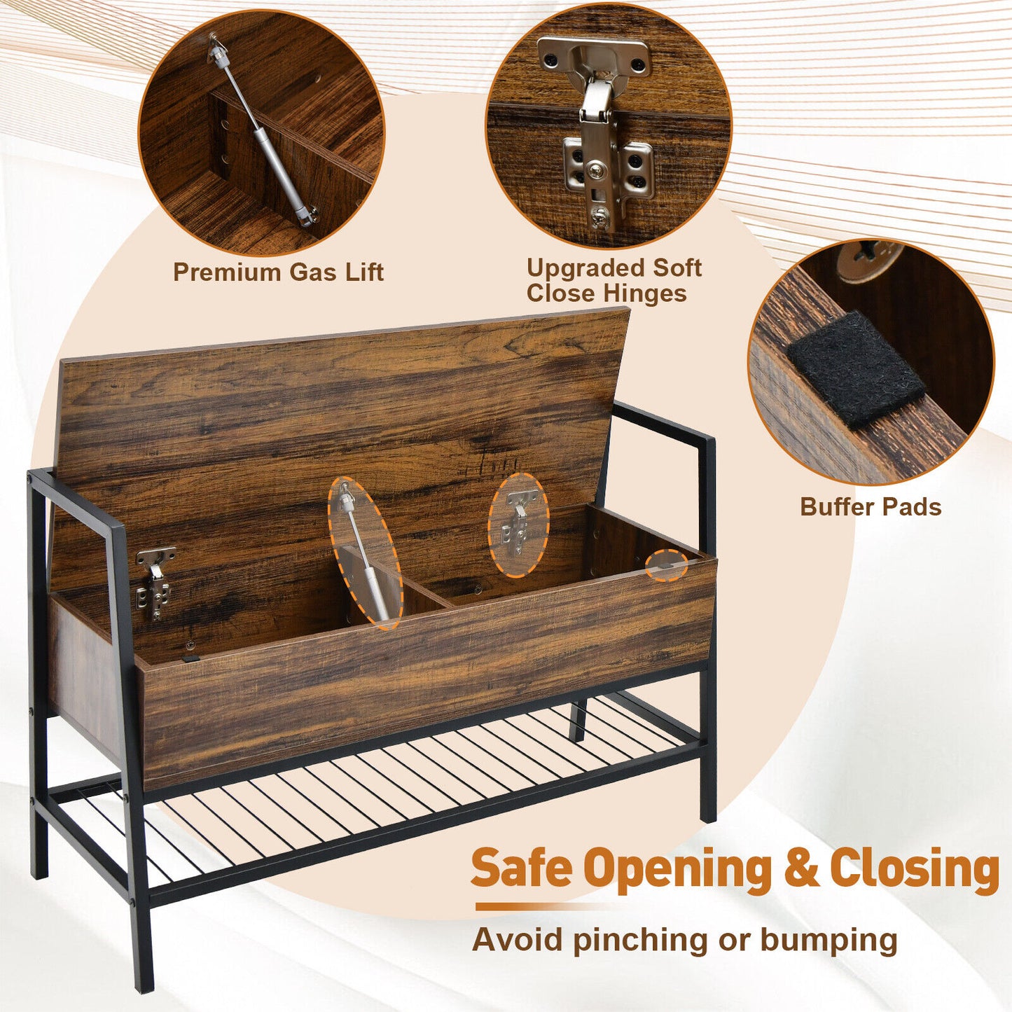 Industrial Shoe Bench with Storage Space and Metal Handrail-Rustic Brown Kids Crystal