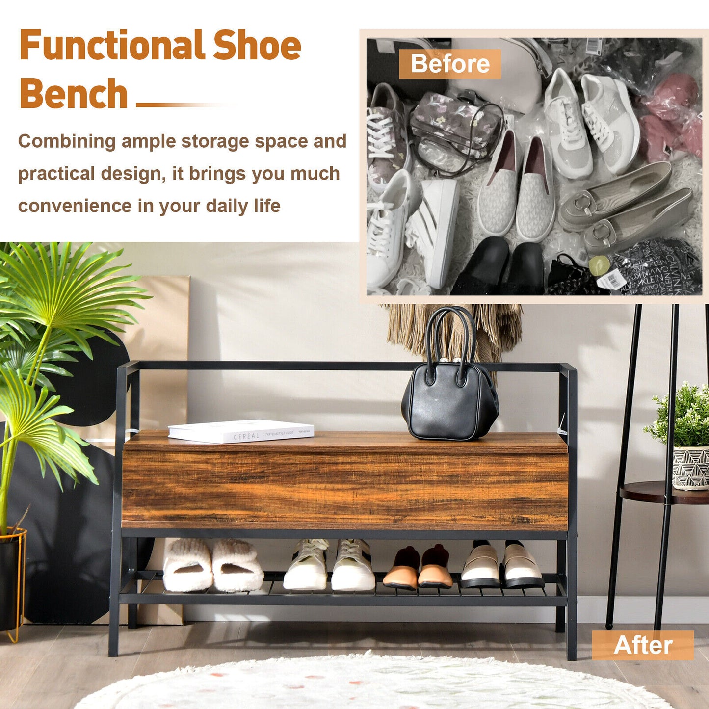 Industrial Shoe Bench with Storage Space and Metal Handrail-Rustic Brown Kids Crystal
