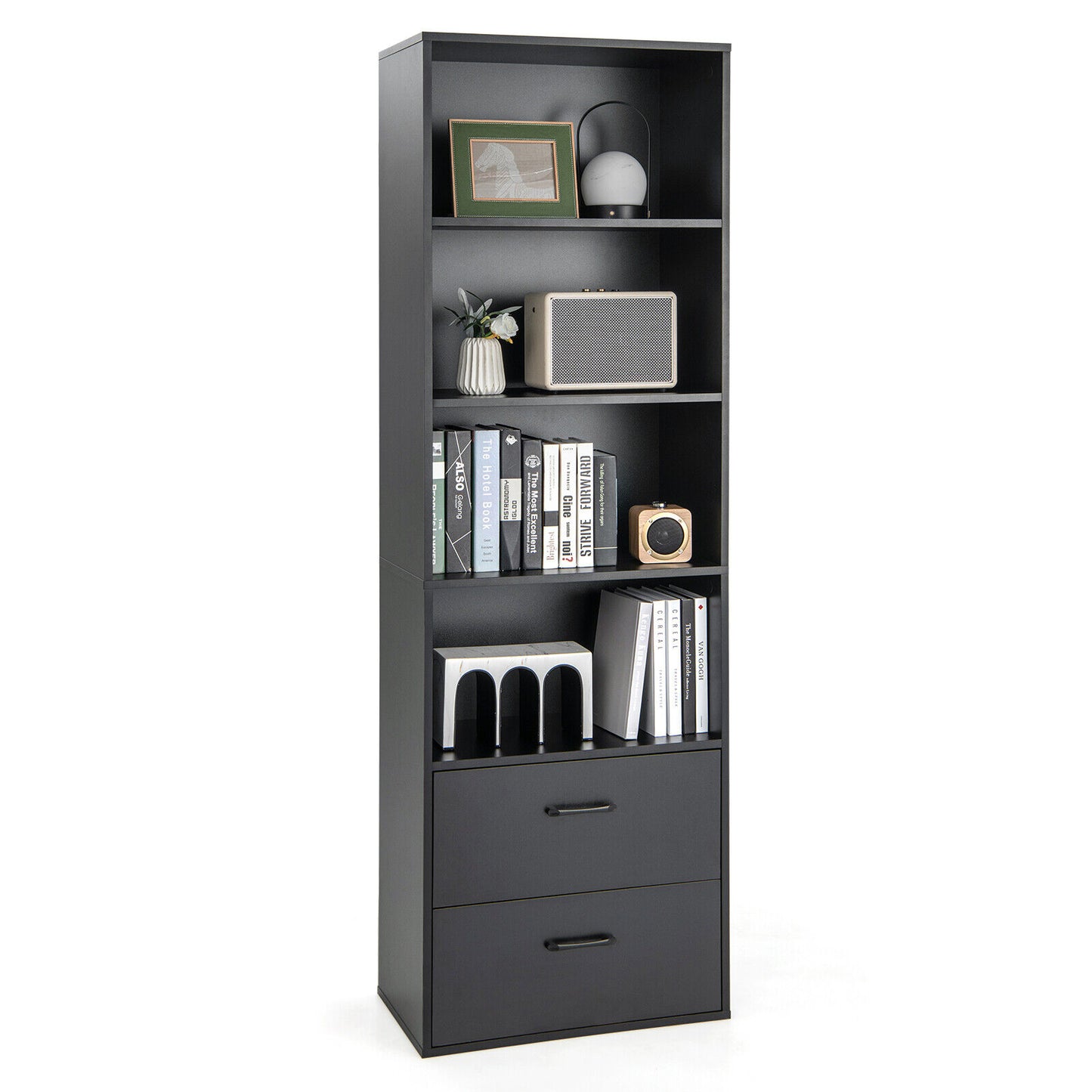 6-Tier Tall Freestanding Bookshelf with 4 Open Shelves and 2 Drawers-Black Kids Crystal