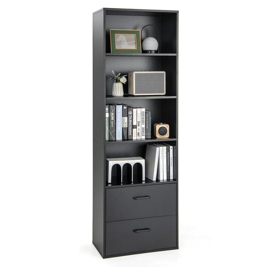 6-Tier Tall Freestanding Bookshelf with 4 Open Shelves and 2 Drawers-Black Kids Crystal
