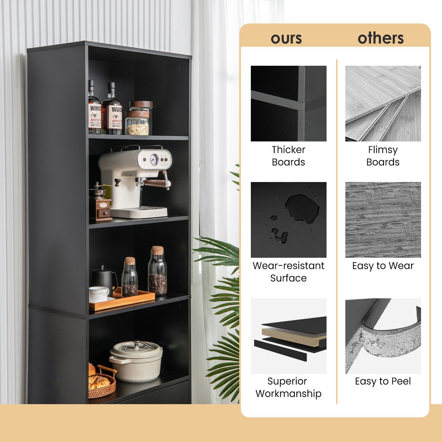 6-Tier Tall Freestanding Bookshelf with 4 Open Shelves and 2 Drawers-Black Kids Crystal
