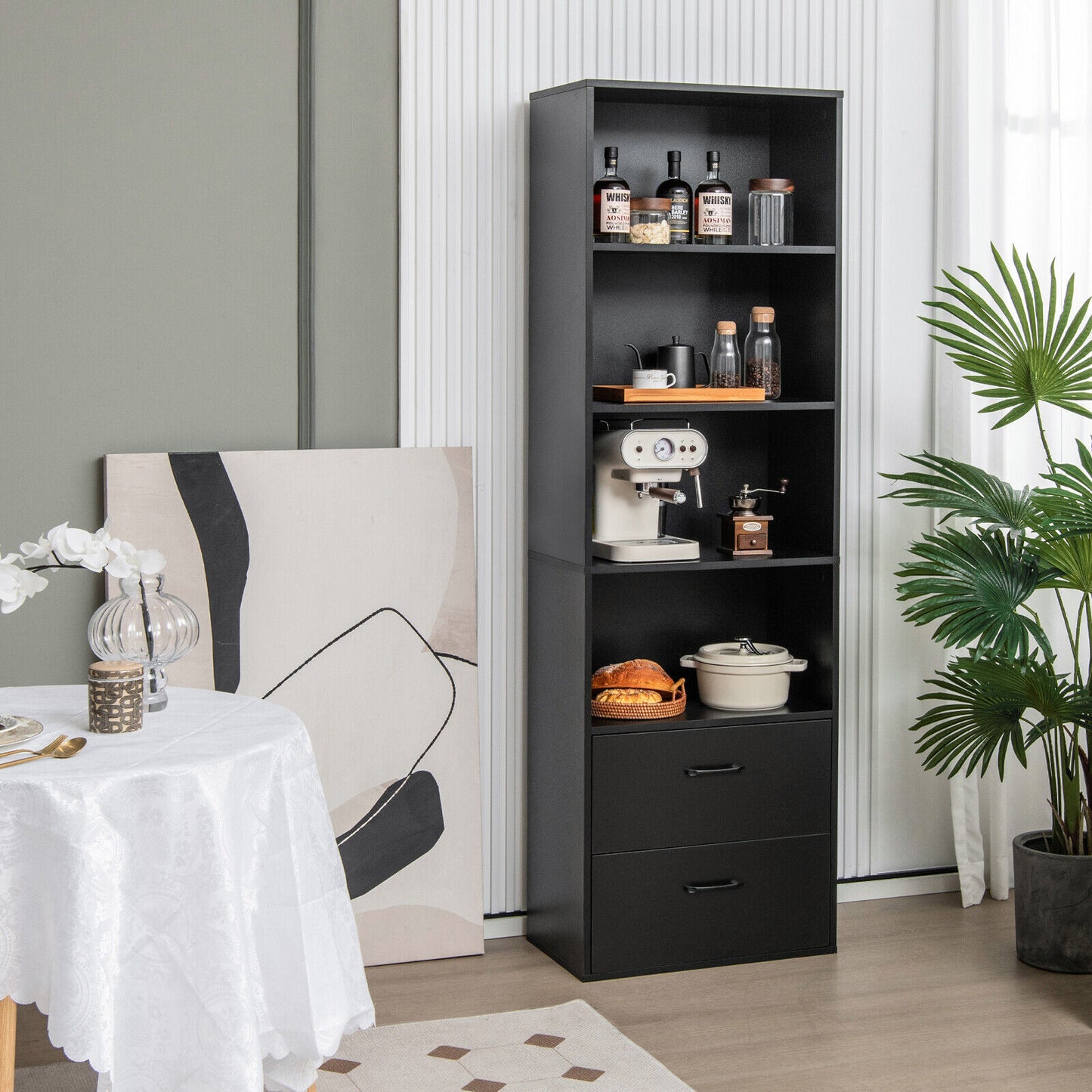 6-Tier Tall Freestanding Bookshelf with 4 Open Shelves and 2 Drawers-Black Kids Crystal