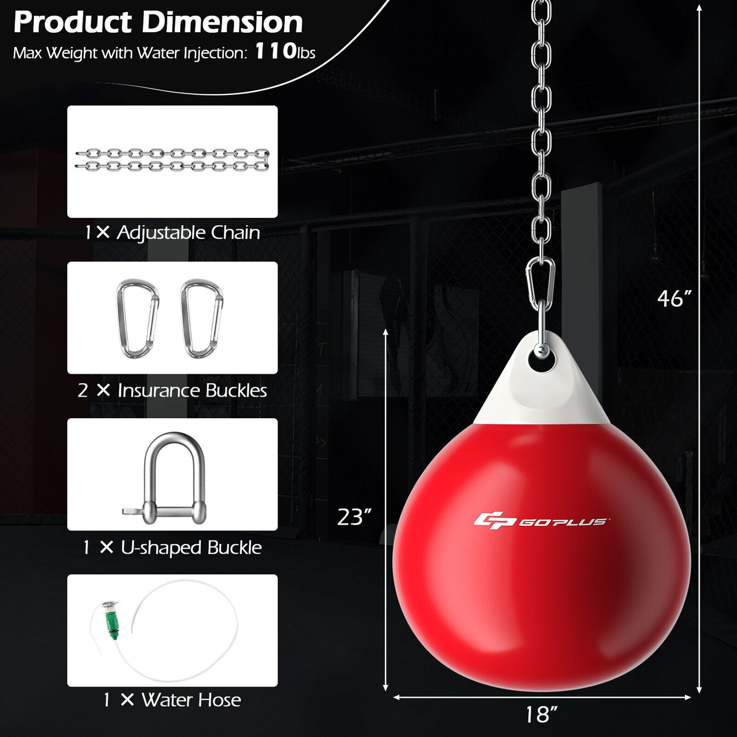 18 Inch 110 Pound Heavy Punching Water Aqua Bag with Adjustable Metal Chain-Red Kids Crystal