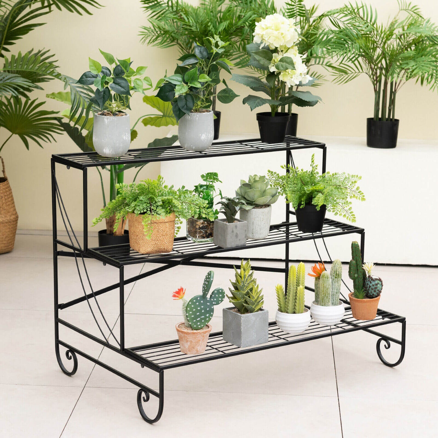 3-Tier Mental Plant Stand with Grid Shelf Kids Crystal