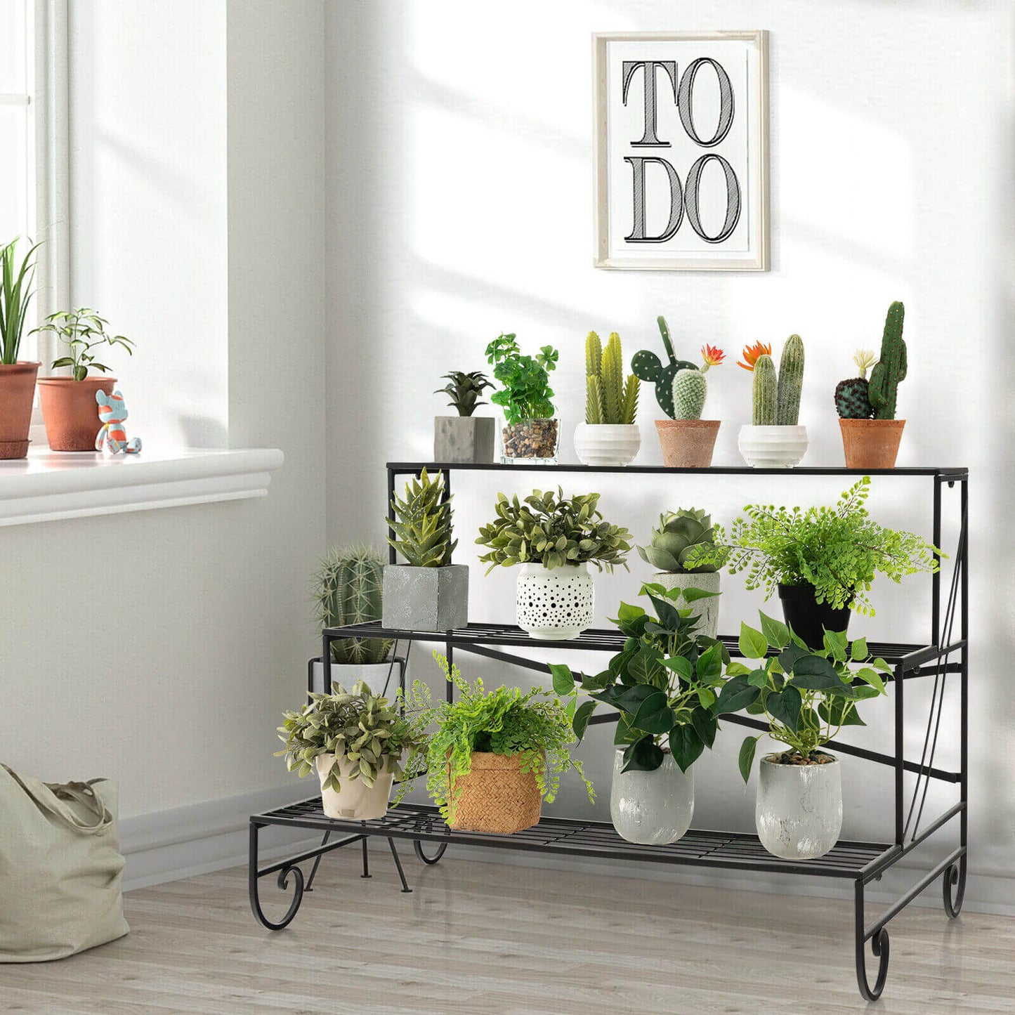 3-Tier Mental Plant Stand with Grid Shelf Kids Crystal