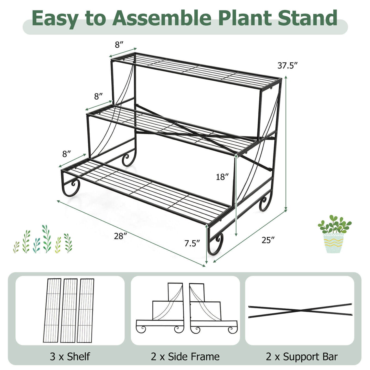 3-Tier Mental Plant Stand with Grid Shelf Kids Crystal