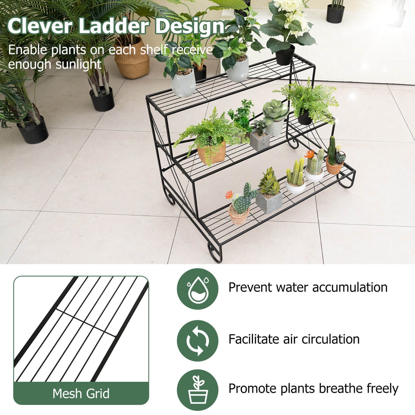 3-Tier Mental Plant Stand with Grid Shelf Kids Crystal