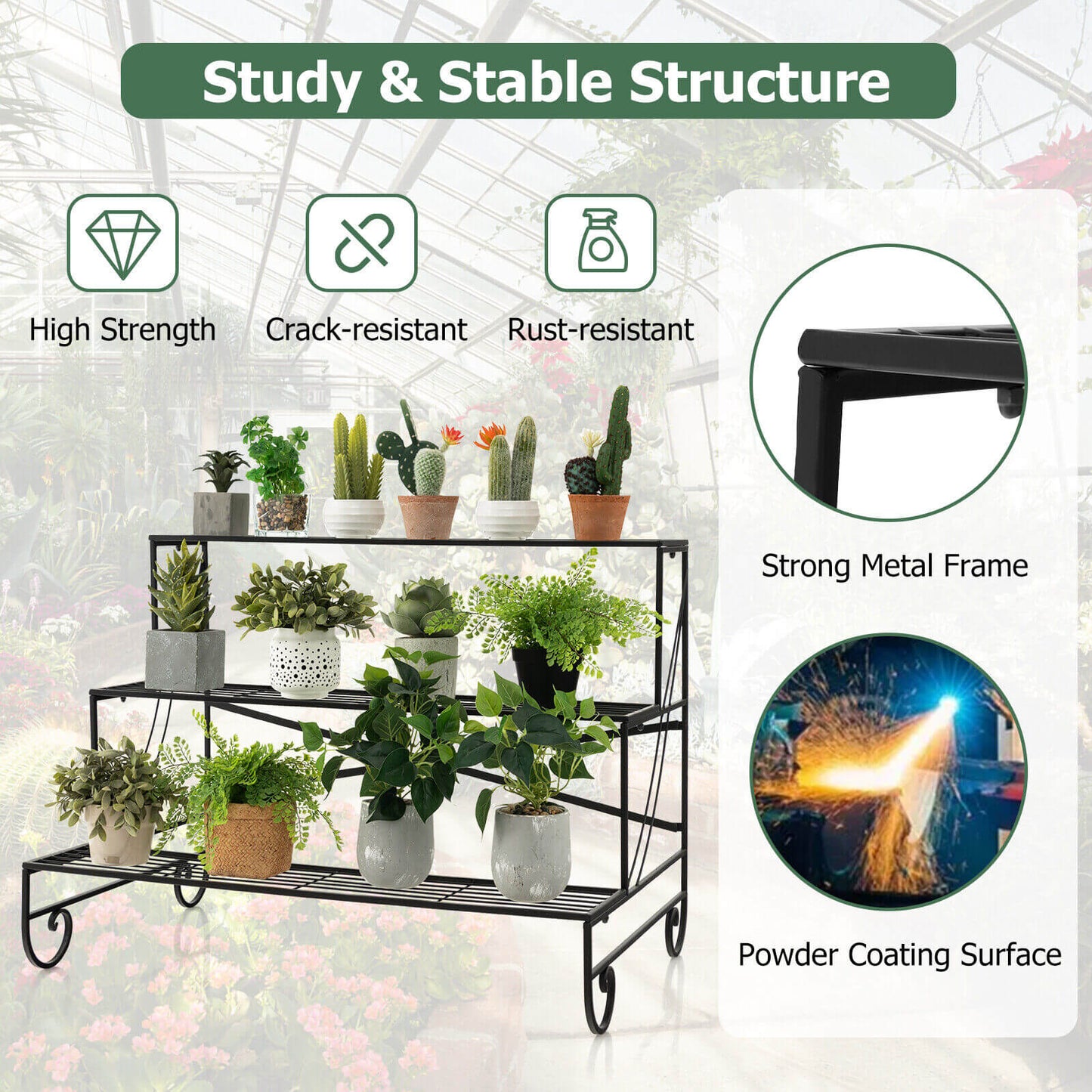 3-Tier Mental Plant Stand with Grid Shelf Kids Crystal