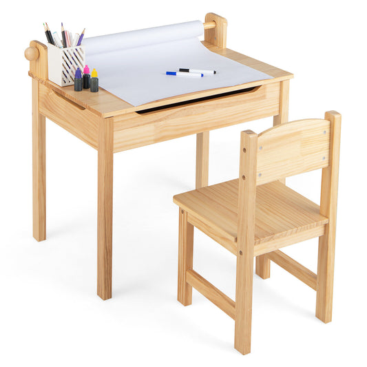Toddler Multifunctional Activity Table and Chair Set with Paper Roll Holder-Natural Kids Crystal