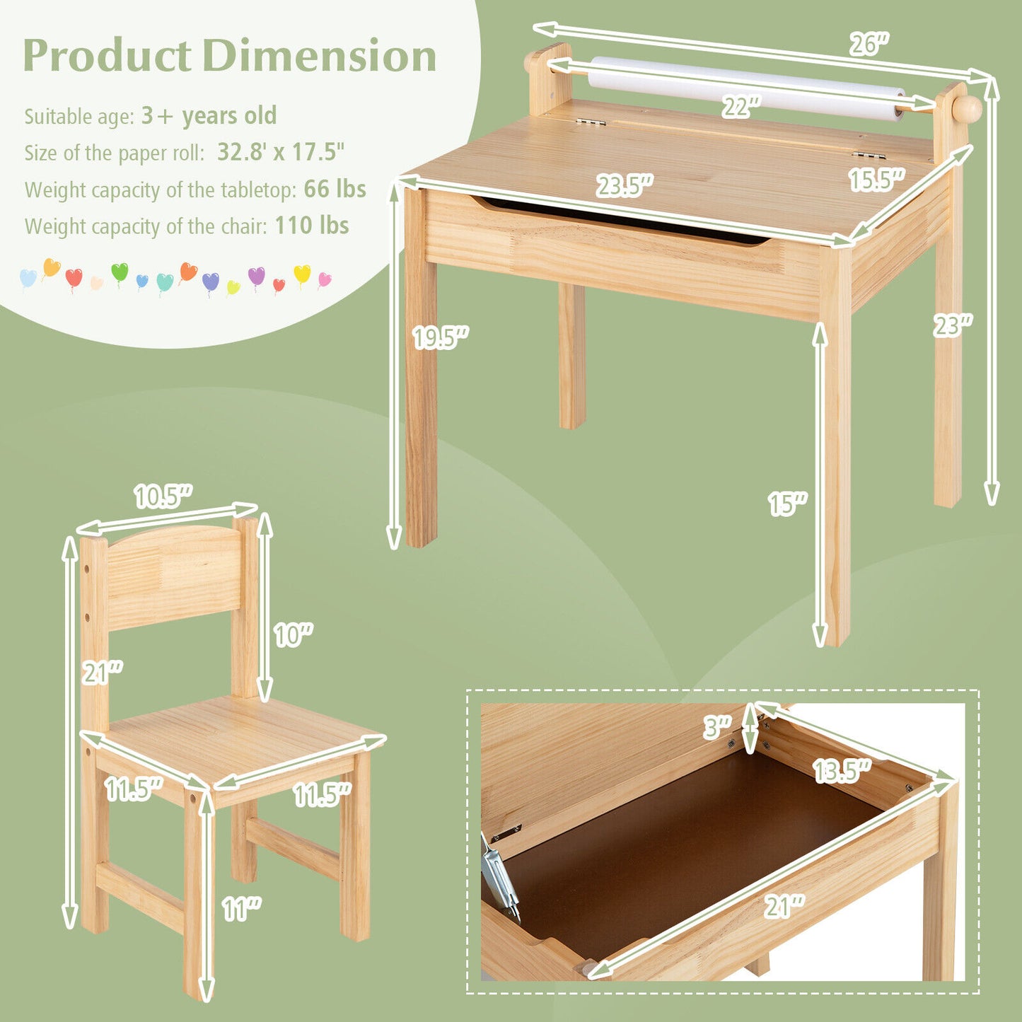Toddler Multifunctional Activity Table and Chair Set with Paper Roll Holder-Natural Kids Crystal