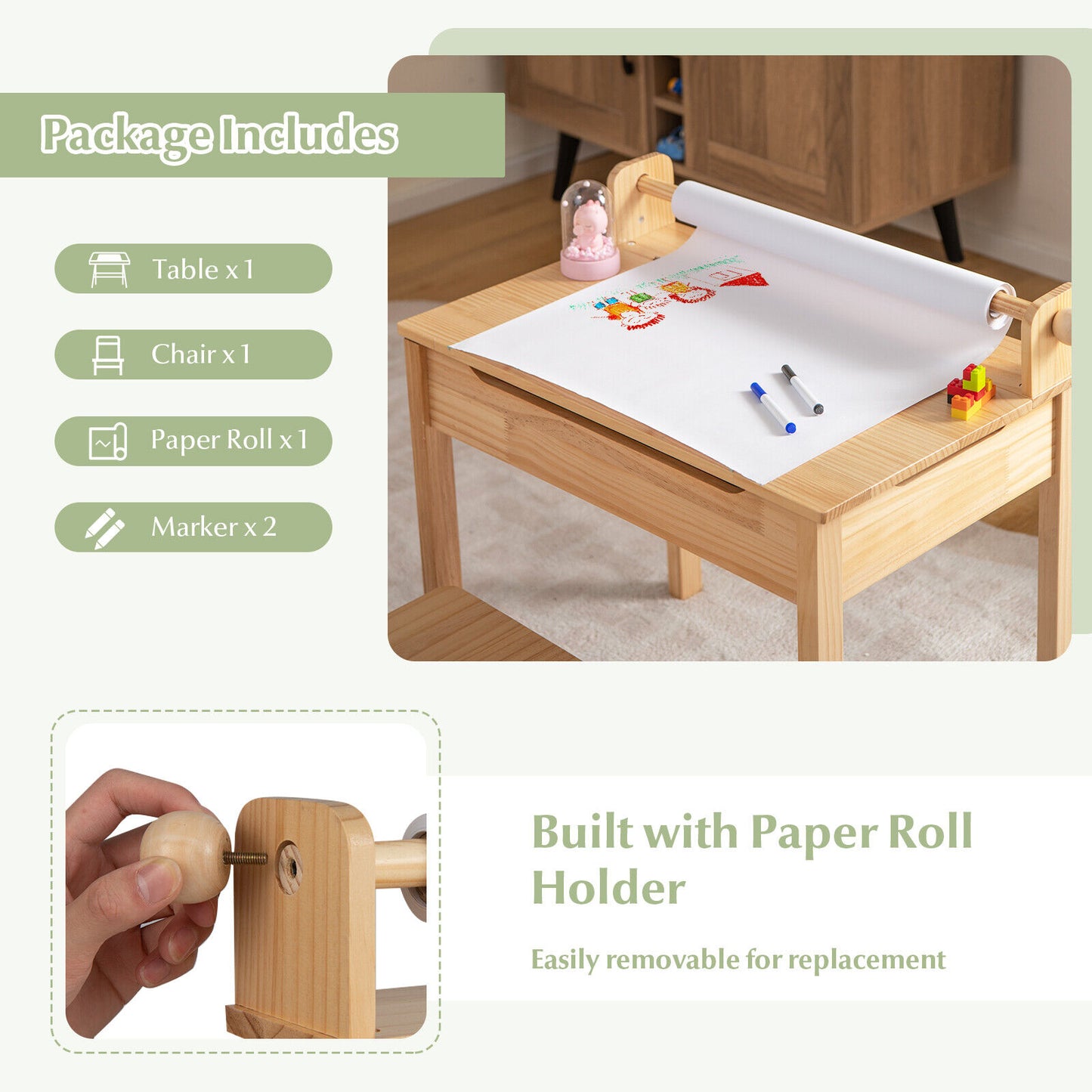Toddler Multifunctional Activity Table and Chair Set with Paper Roll Holder-Natural Kids Crystal