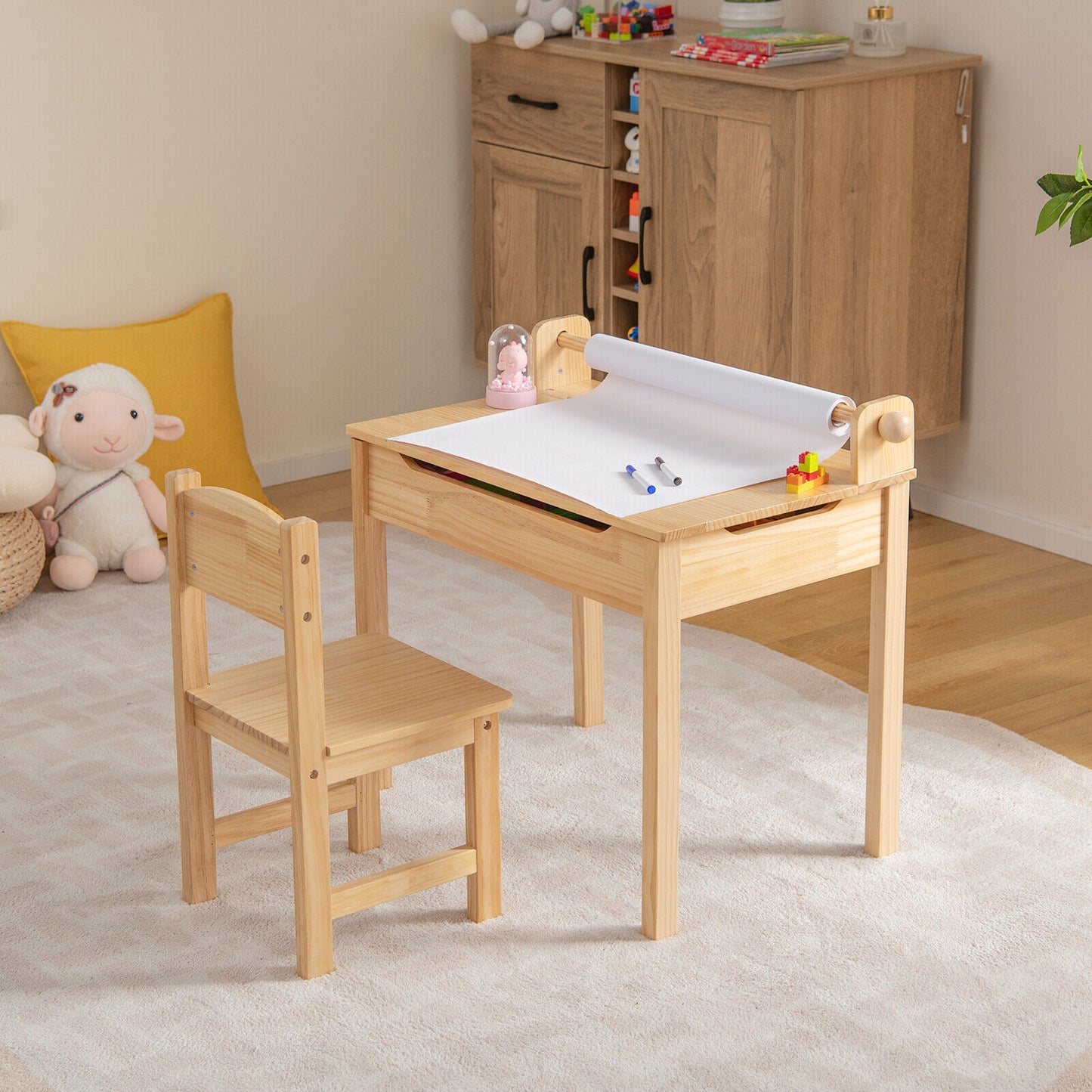 Toddler Multifunctional Activity Table and Chair Set with Paper Roll Holder-Natural Kids Crystal