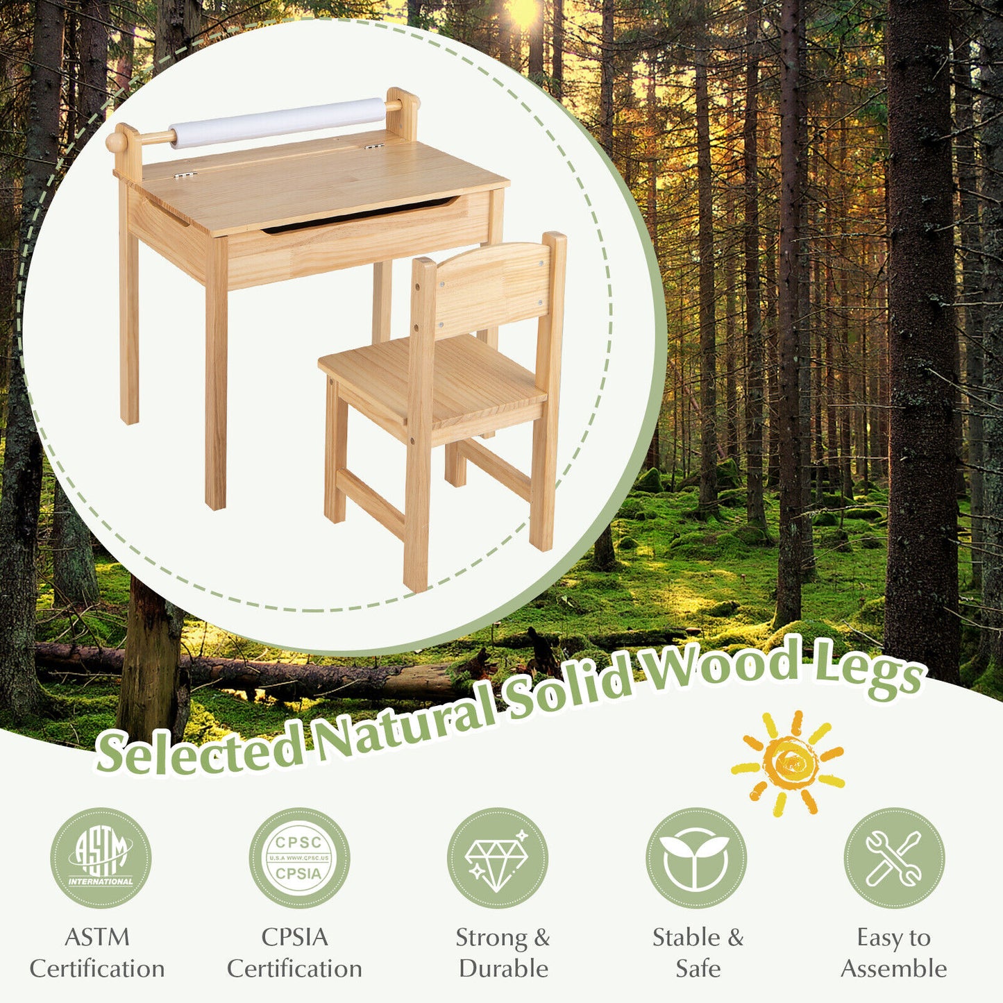 Toddler Multifunctional Activity Table and Chair Set with Paper Roll Holder-Natural Kids Crystal