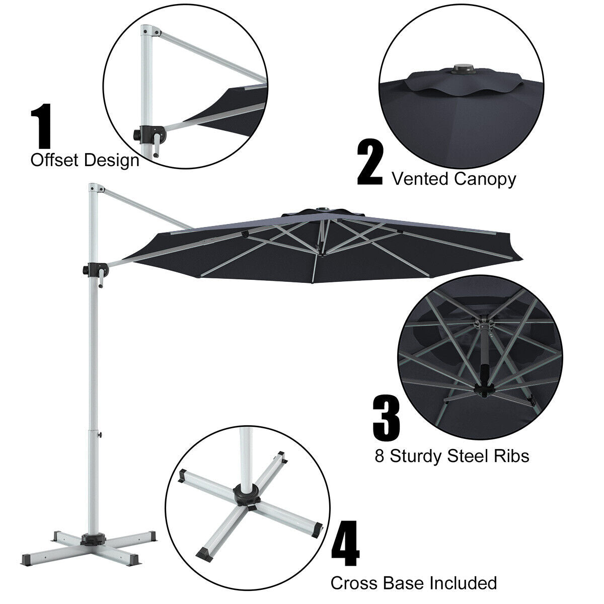 11 Feet Patio Offset Cantilever Umbrella 360° Rotation Aluminum Tilt-Gray Kids Crystal