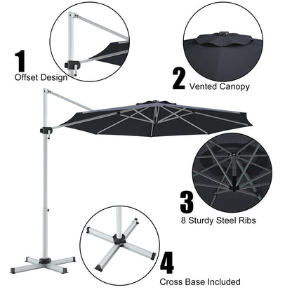 11 Feet Patio Offset Cantilever Umbrella 360° Rotation Aluminum Tilt-Gray