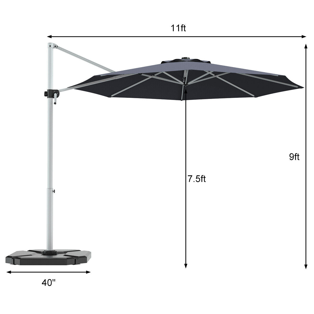 11 Feet Patio Offset Cantilever Umbrella 360° Rotation Aluminum Tilt-Gray Kids Crystal
