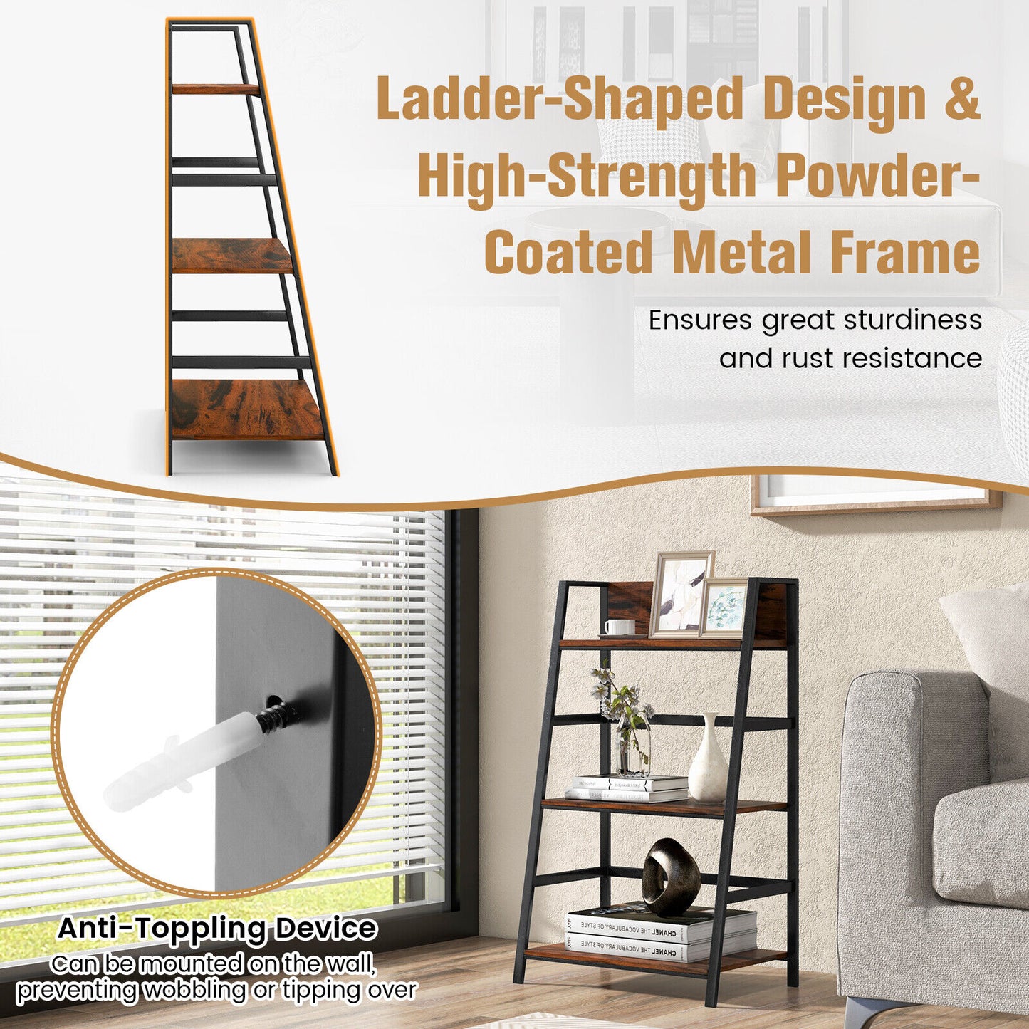 3-Tier Ladder Industrial Bookshelf Kids Crystal