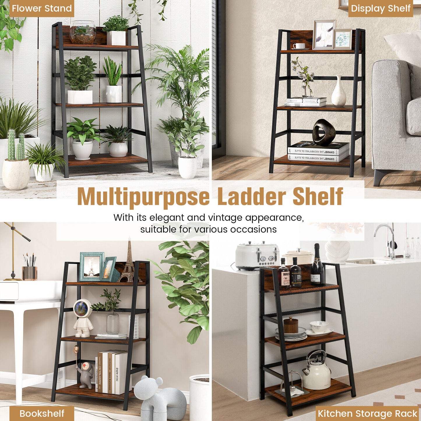 3-Tier Ladder Industrial Bookshelf Kids Crystal