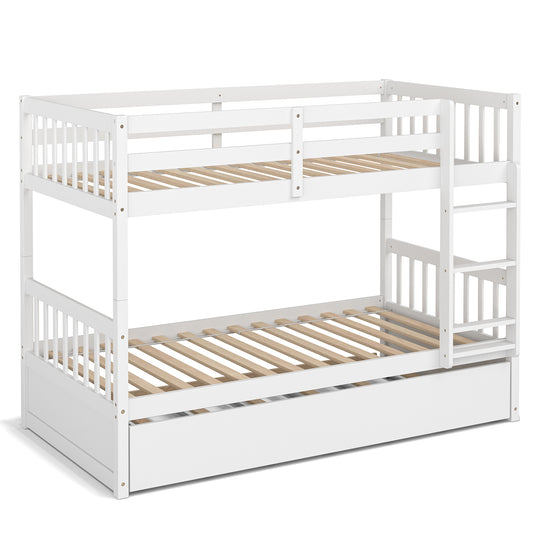 Twin Over Twin Bunk Bed with Pull-out Trundle and Ladder-White Kids Crystal