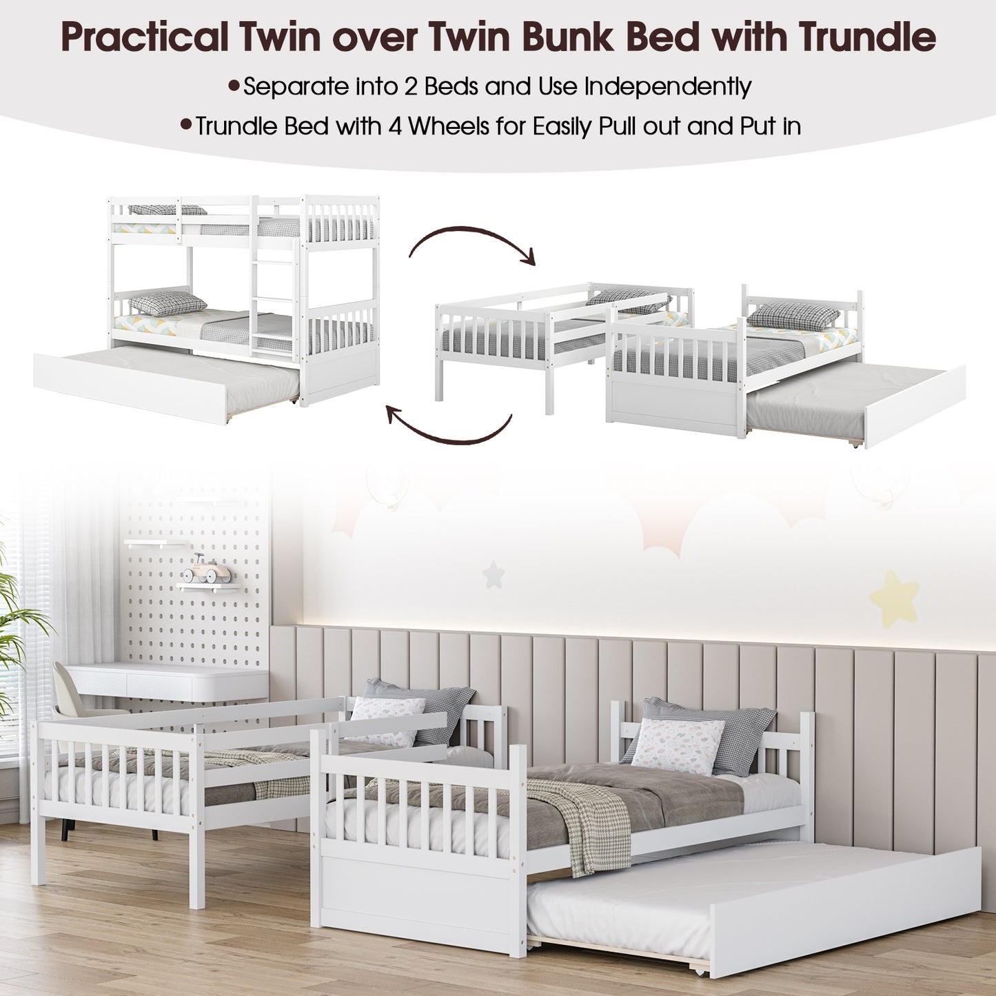 Twin Over Twin Bunk Bed with Pull-out Trundle and Ladder-White Kids Crystal