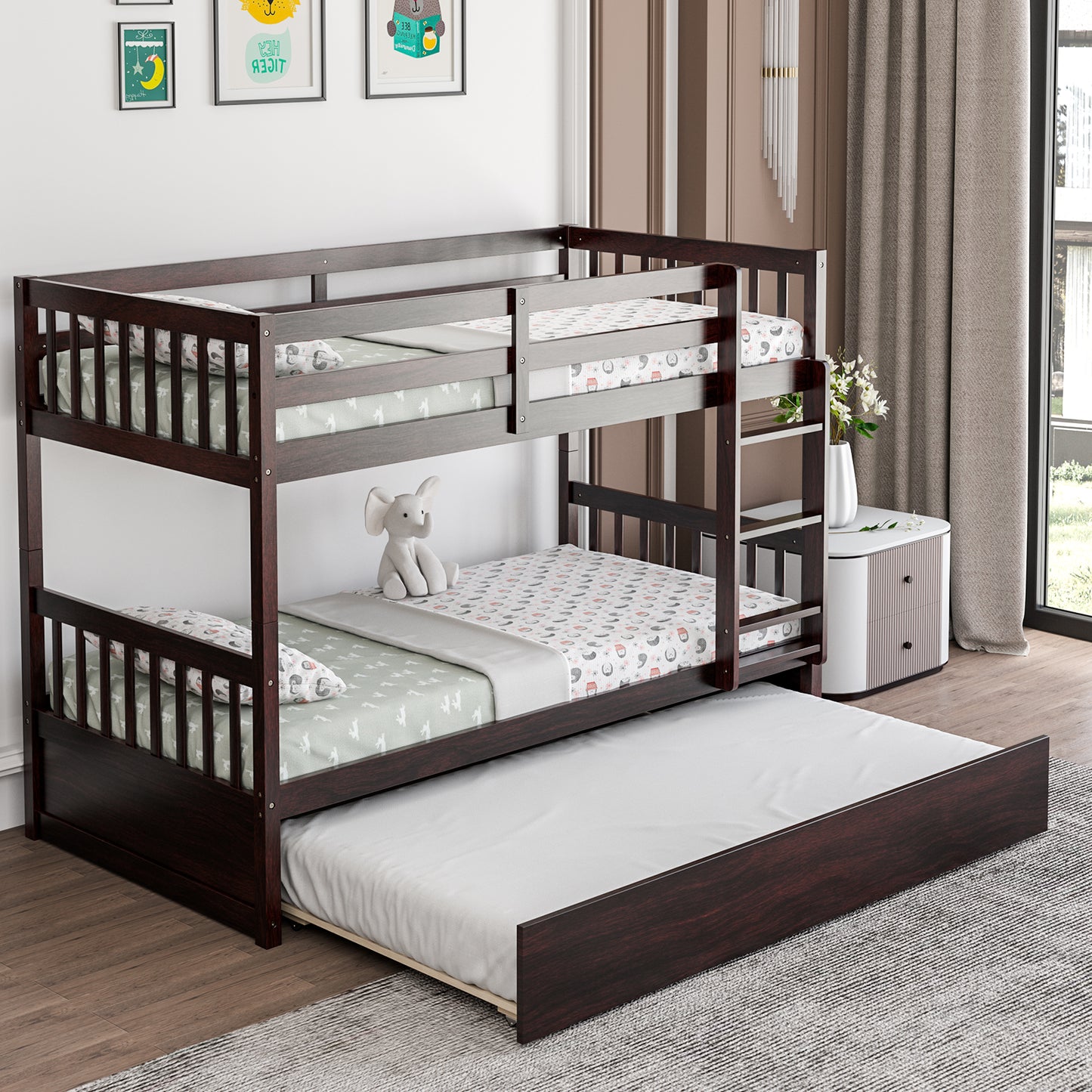 Twin Over Twin Bunk Bed with Pull-out Trundle and Ladder-Espresso Kids Crystal
