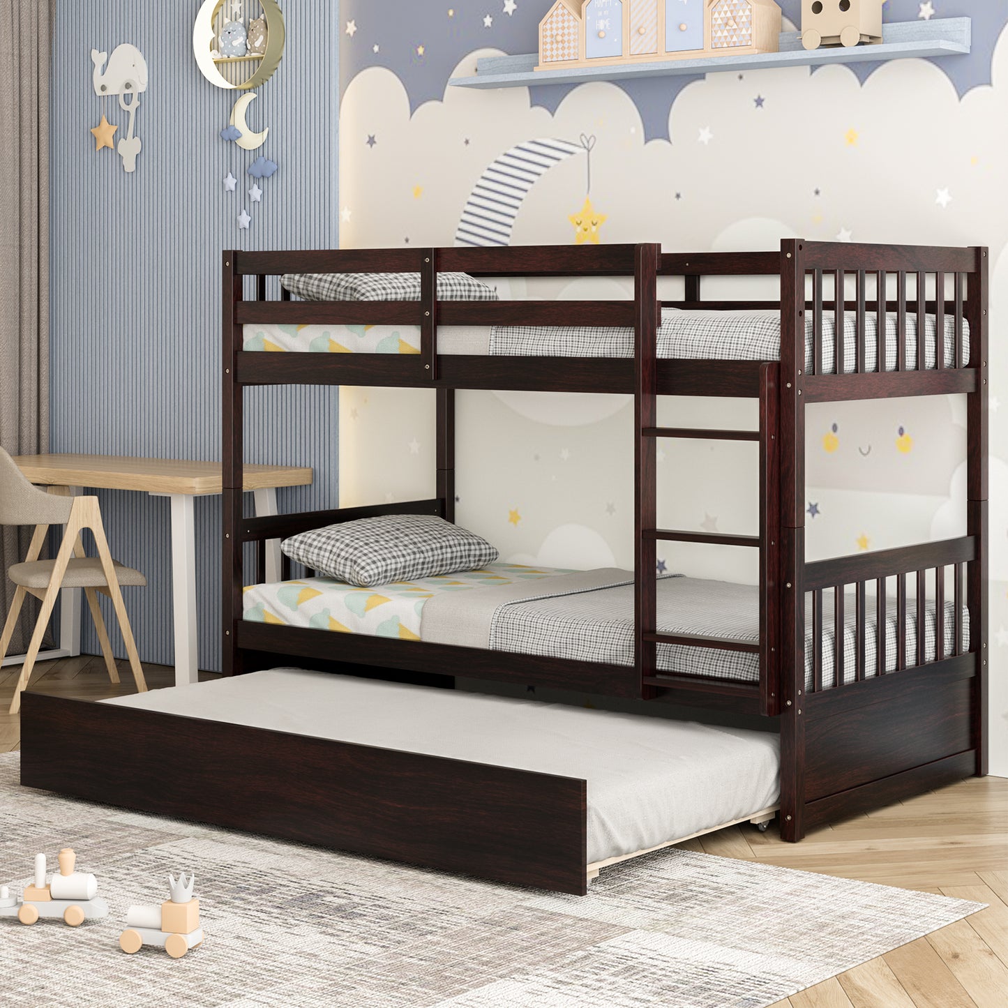 Twin Over Twin Bunk Bed with Pull-out Trundle and Ladder-Espresso Kids Crystal