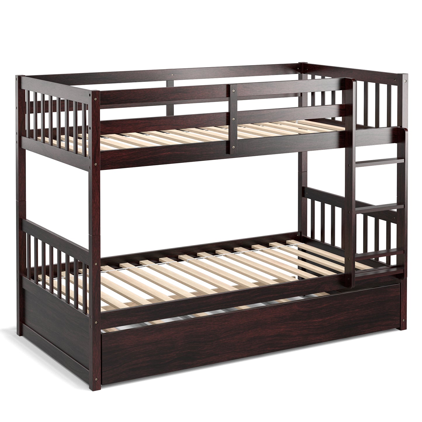 Twin Over Twin Bunk Bed with Pull-out Trundle and Ladder-Espresso Kids Crystal